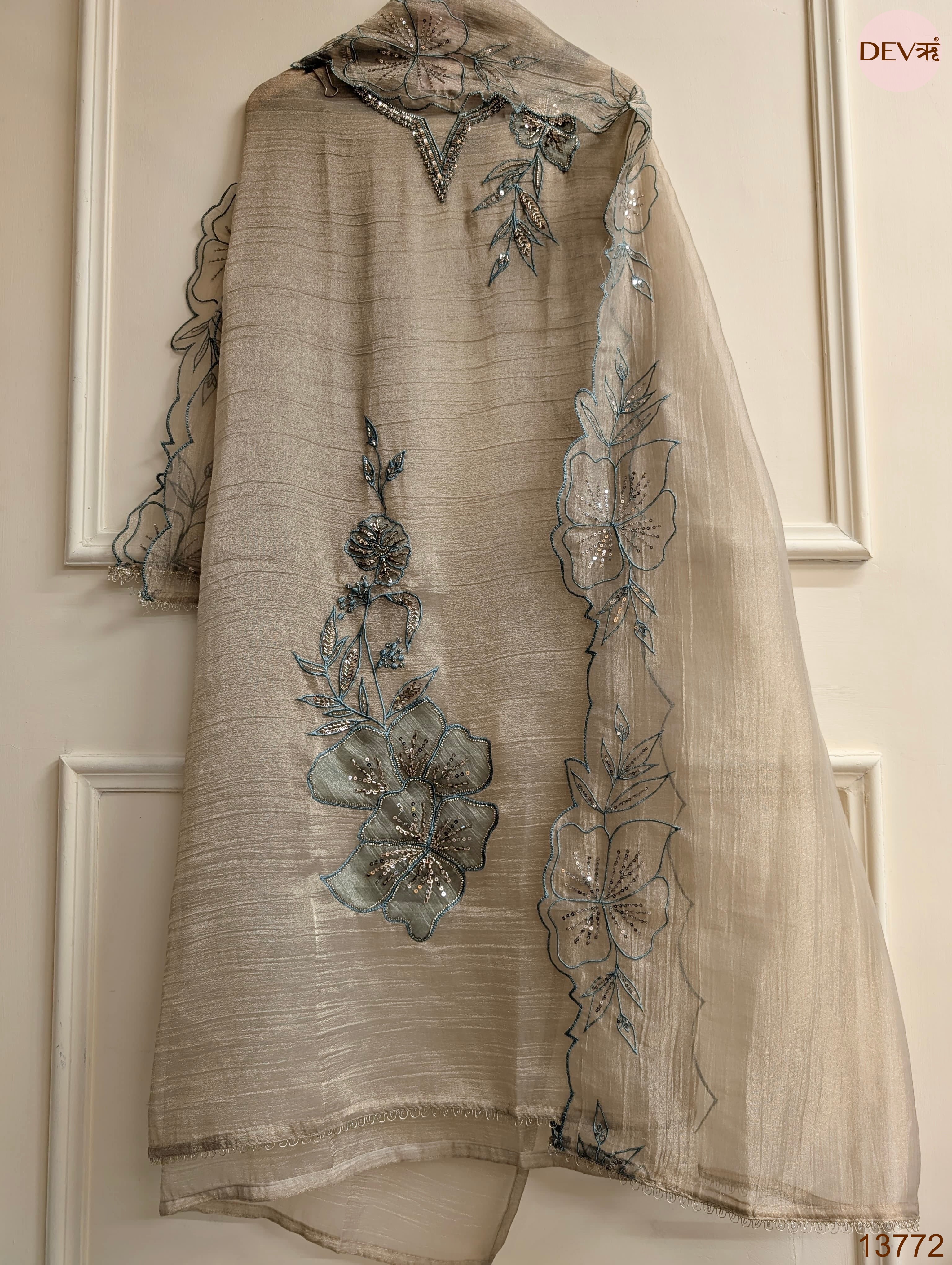 Taupe Crush Tissue Silk Embroidered Unstitched 3-Piece Suit (Devri – D.No 13772)