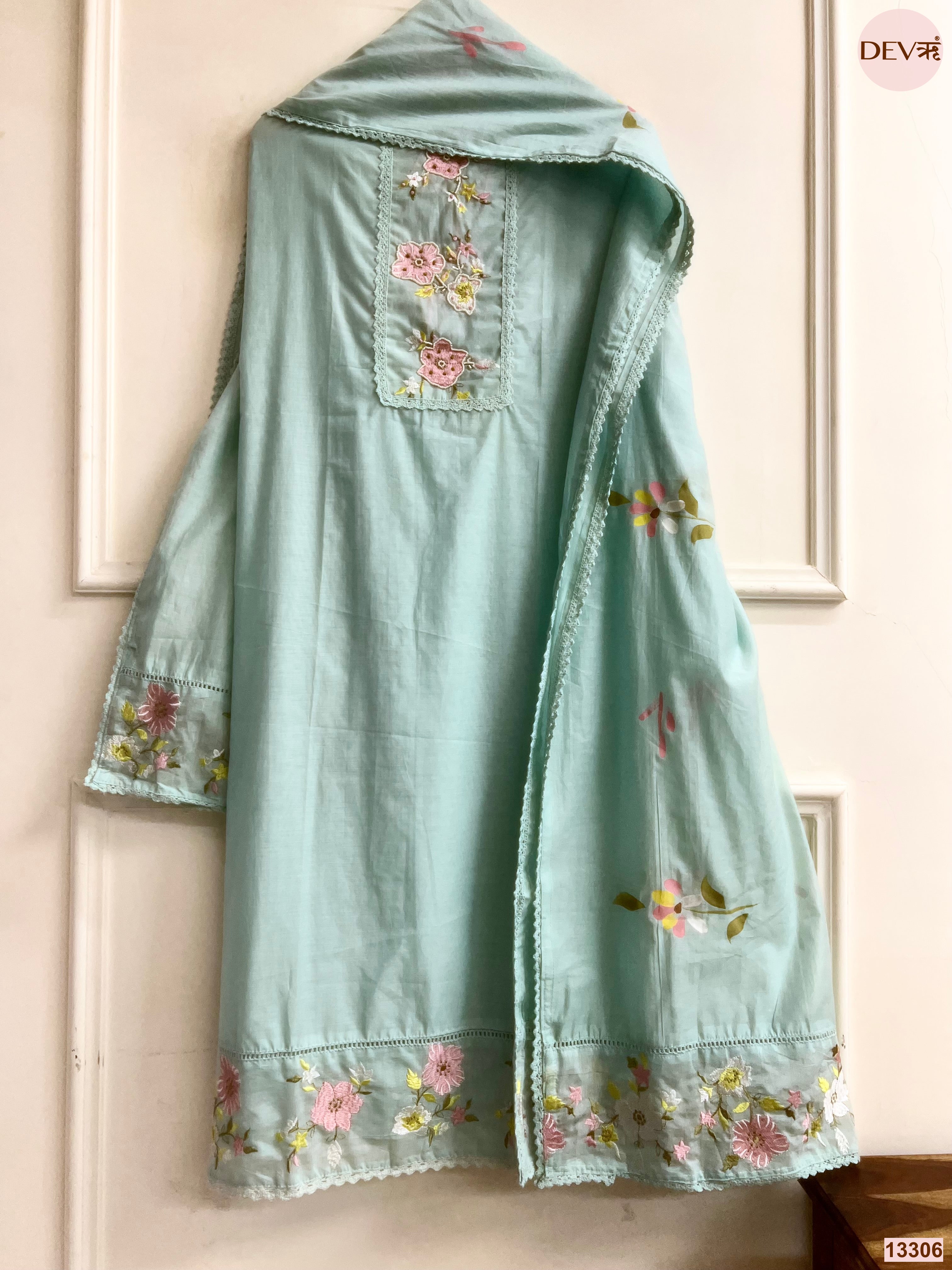Mint Mul Cotton Embroidered Unstitched 3-Piece Suit (Devri – D.No 13306)