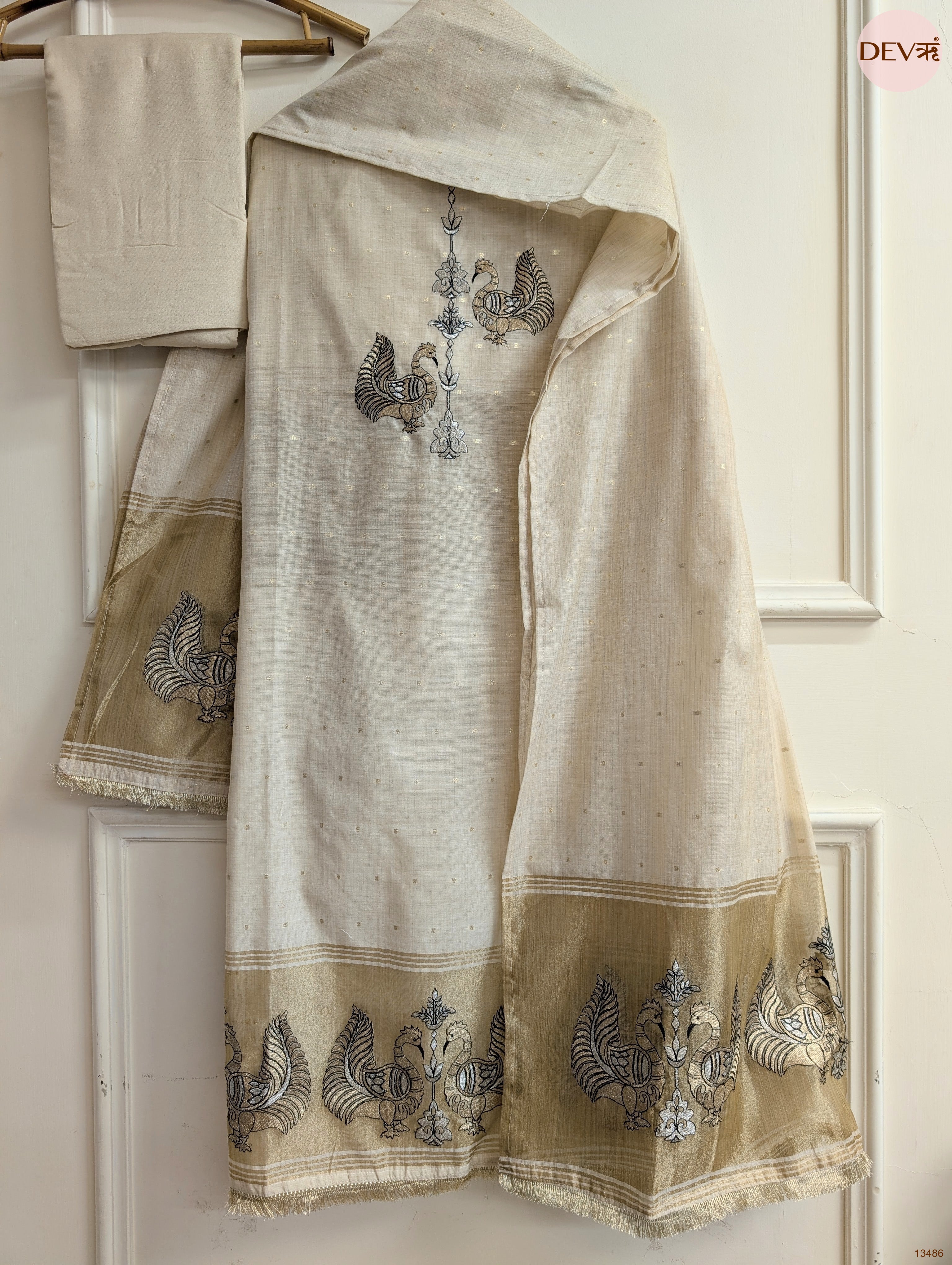 Beige Banarashi Silk Embroidered Unstitched 3-Piece Suit (Devri – D.No 13486)