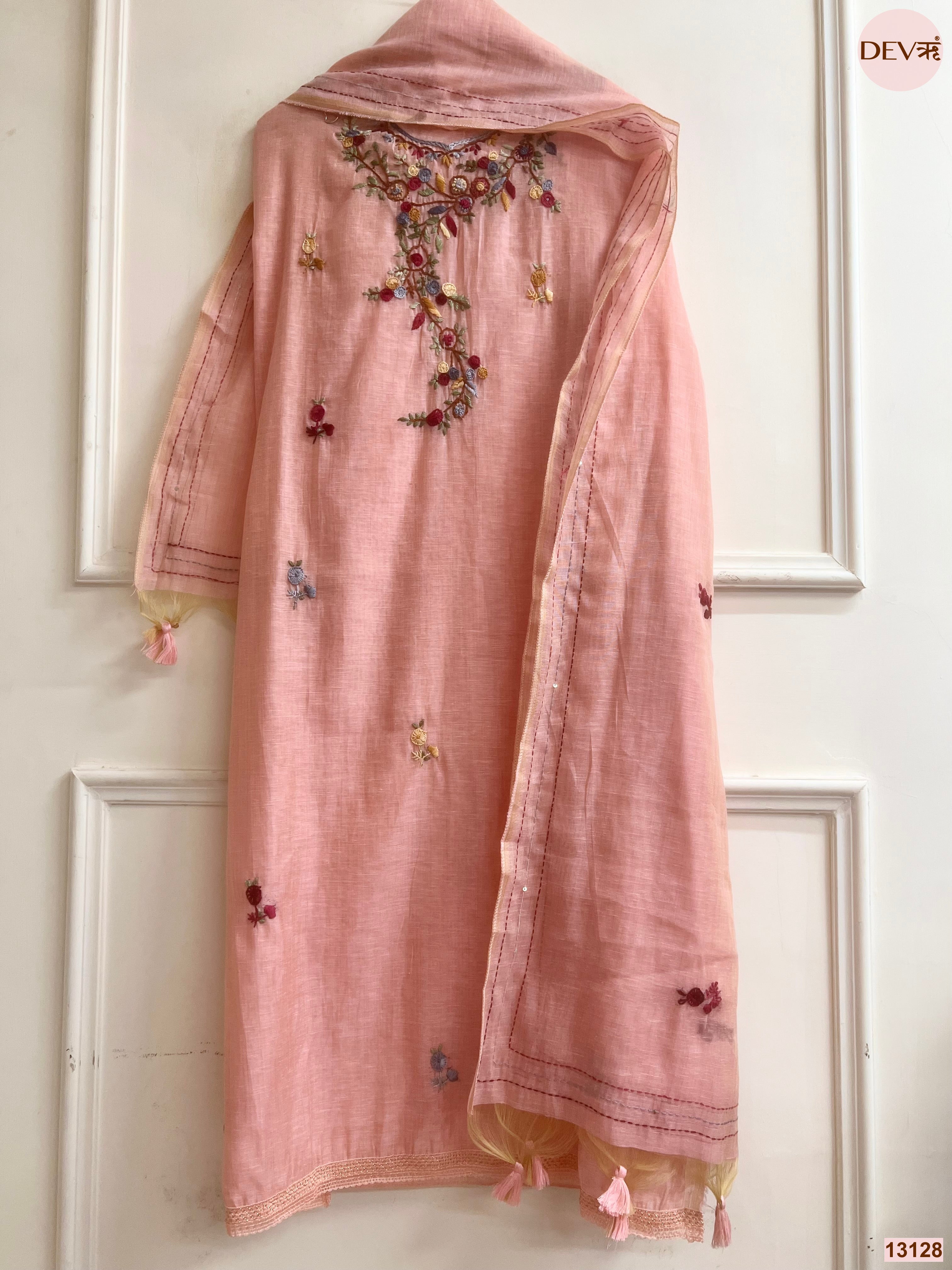 Peach Jamdani Cotton Embroidered Unstitched 3-Piece Suit (Devri – D.No 13128)