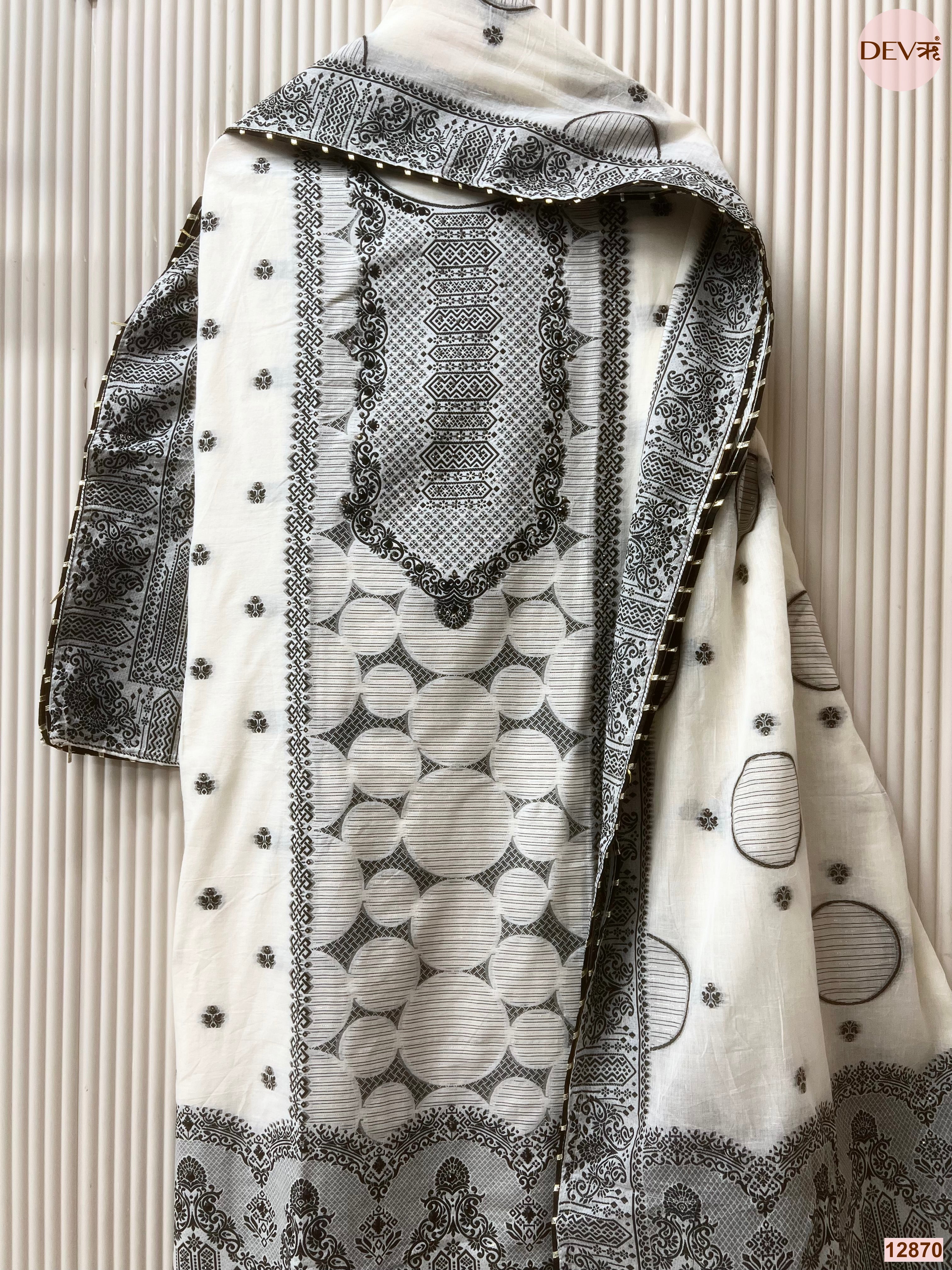 White Jamdani Cotton Printed Unstitched 3-Piece Suit (Devri – D.No 12870)