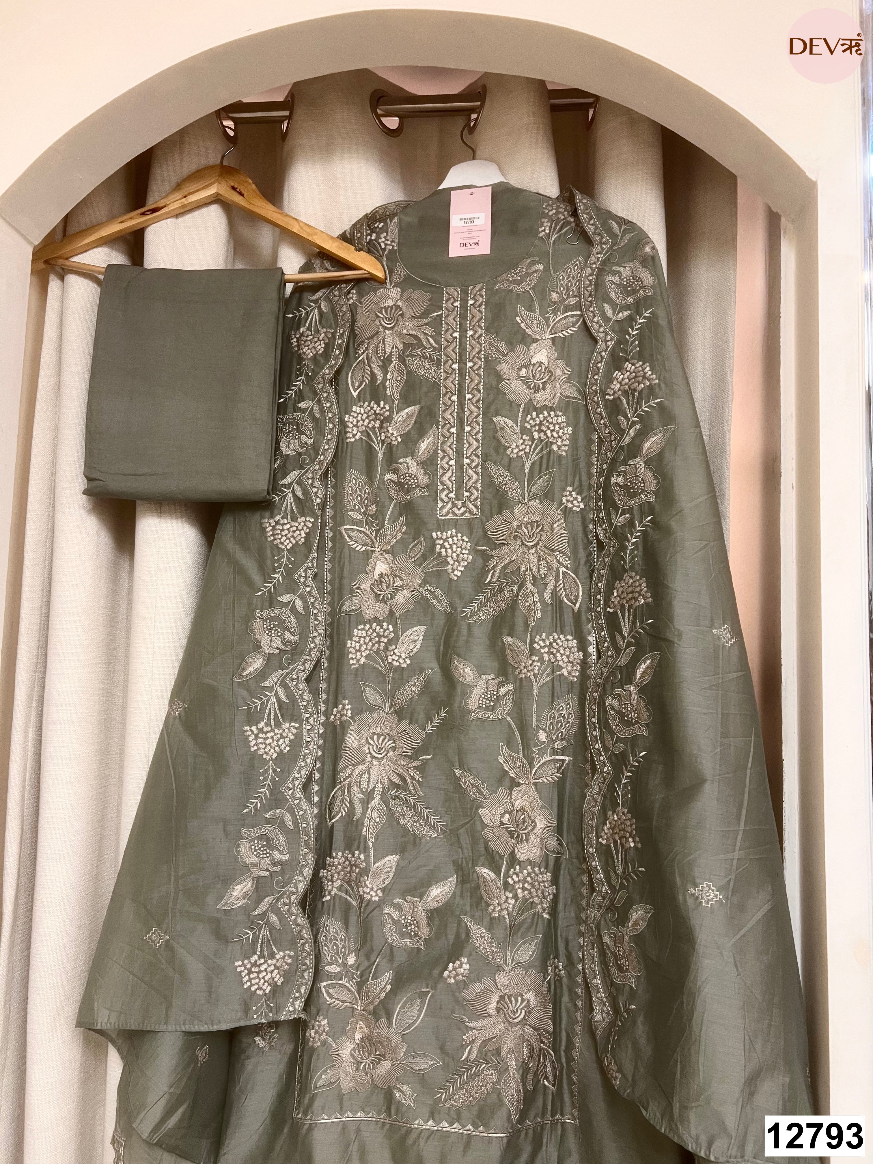 Olive Mul Chanderi Embroidered Unstitched 3-Piece Suit (Devri – D.No 12793)