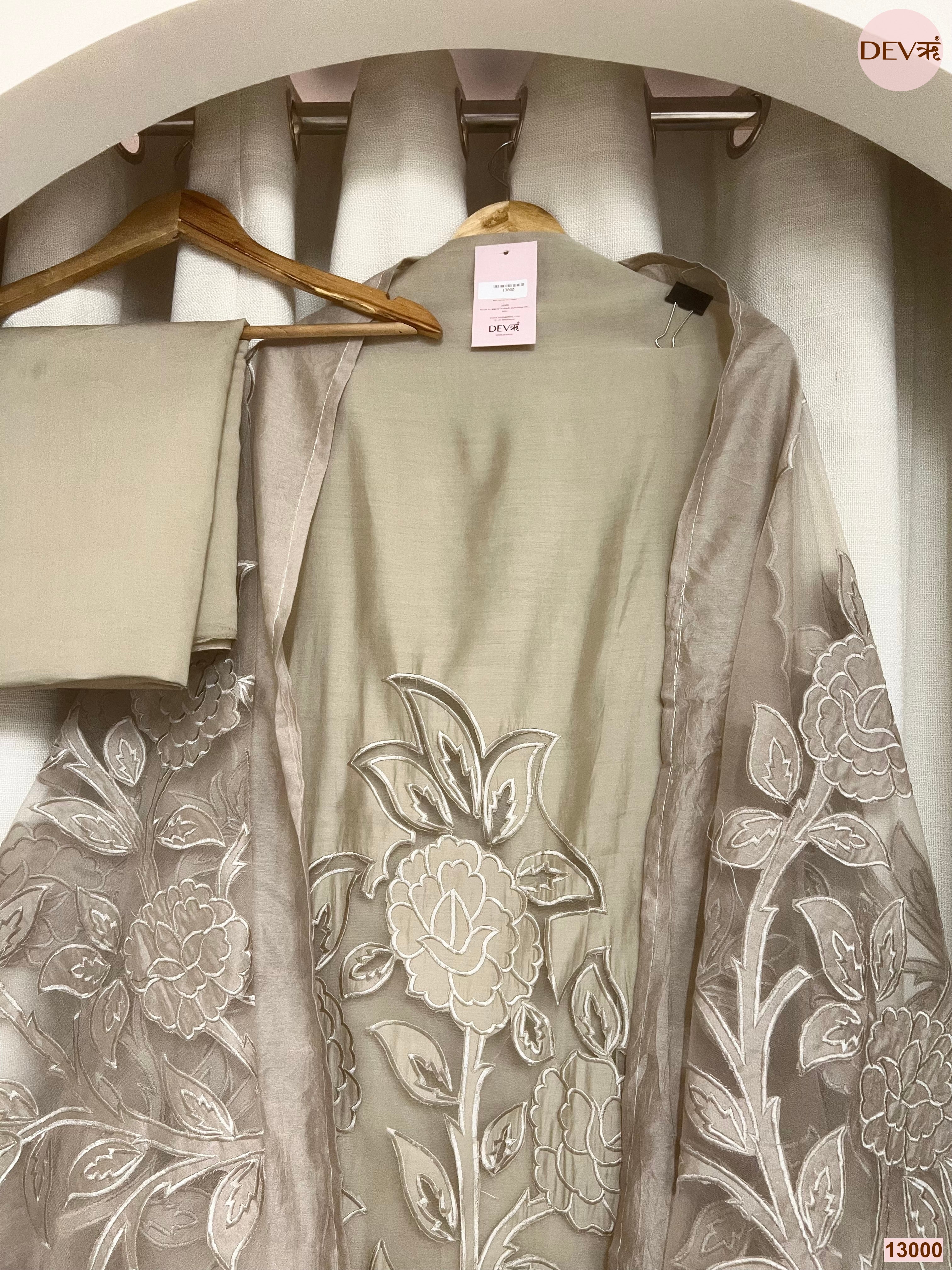 Beige Roman Silk Embroidered Unstitched 3-Piece Suit (Devri – D.No 13000)