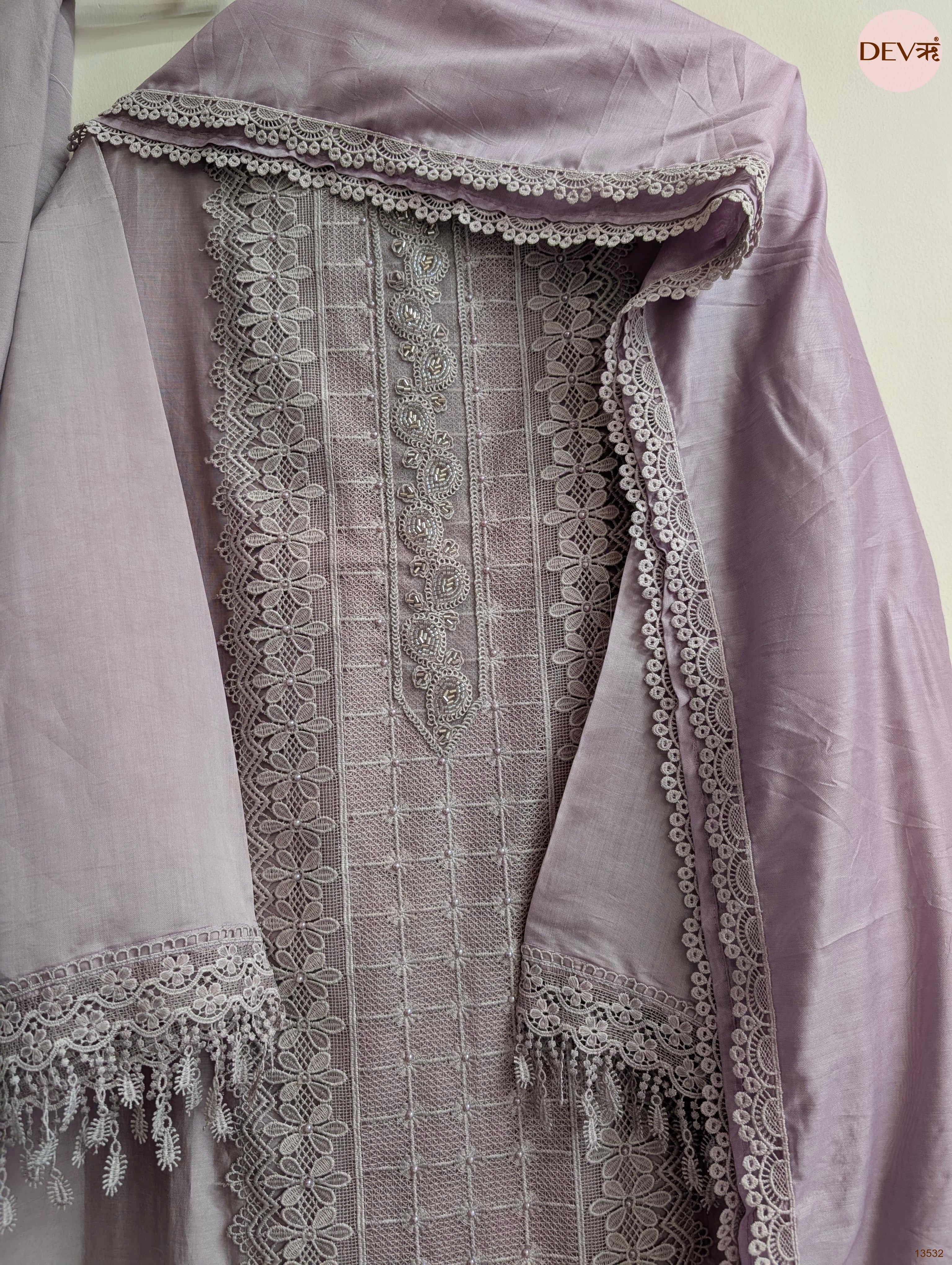 Lilac Modal Silk Embroidered Unstitched 3-Piece Suit (Devri – D.No 13532)