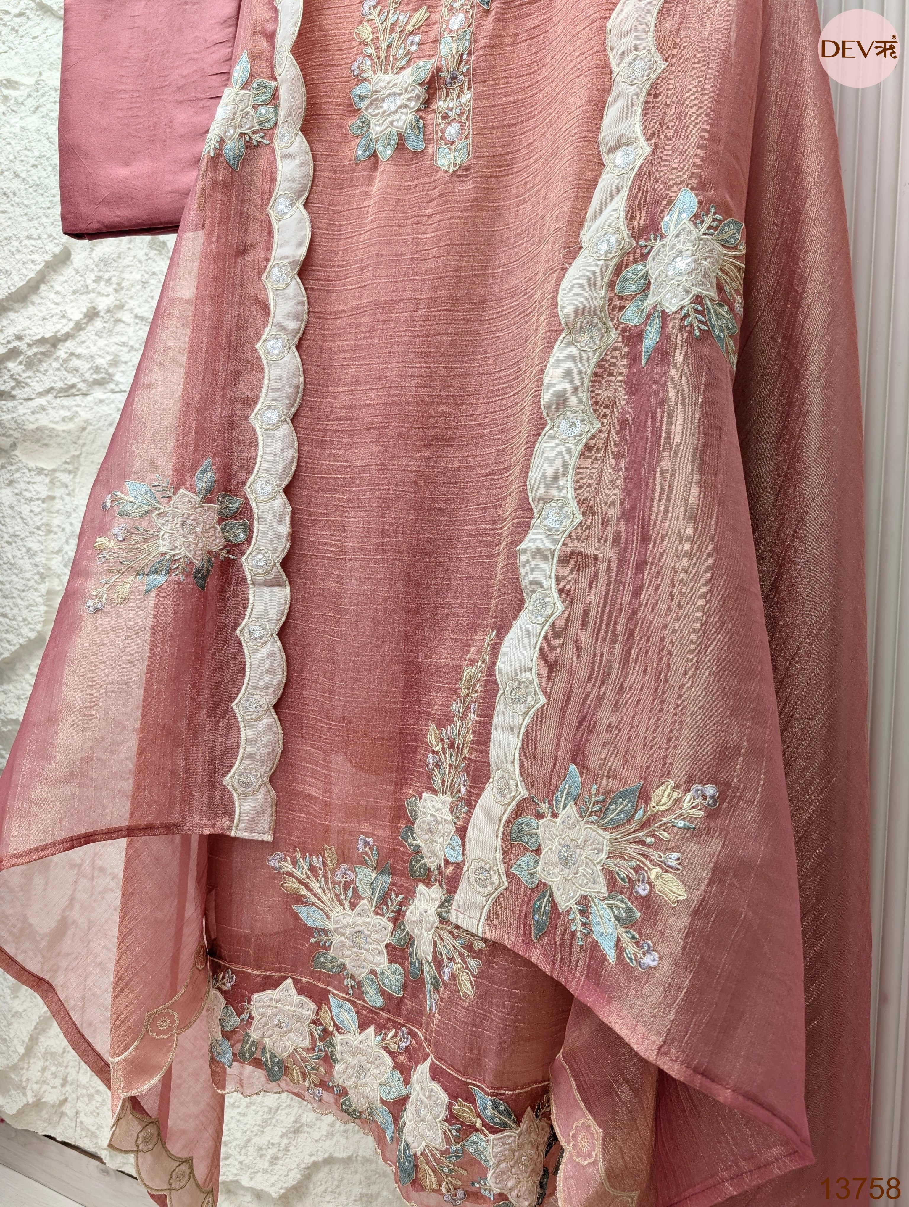 Pink Tissue Crush Silk Embroidered Unstitched 3-Piece Suit (Devri – D.No 13758)