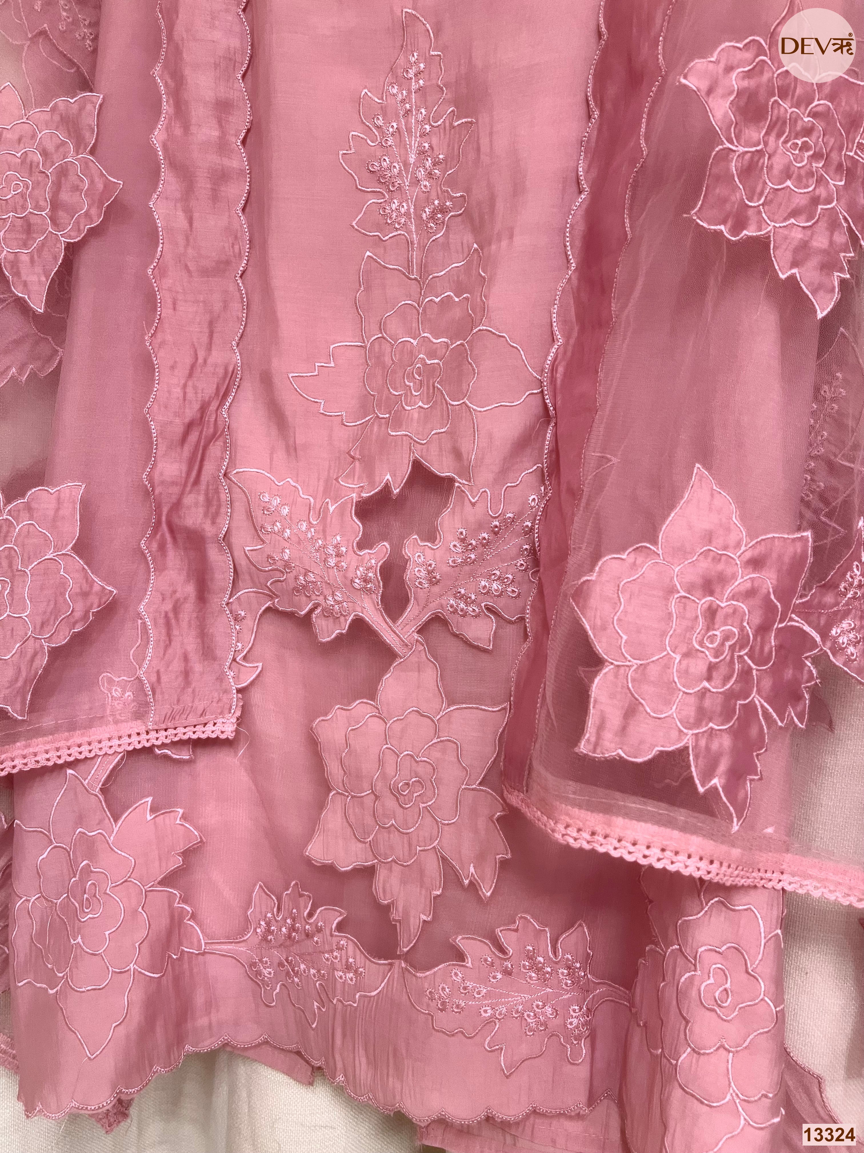 Pink Mul Chanderi Embroidered Unstitched 3-Piece Suit (Devri – D.No 13324)