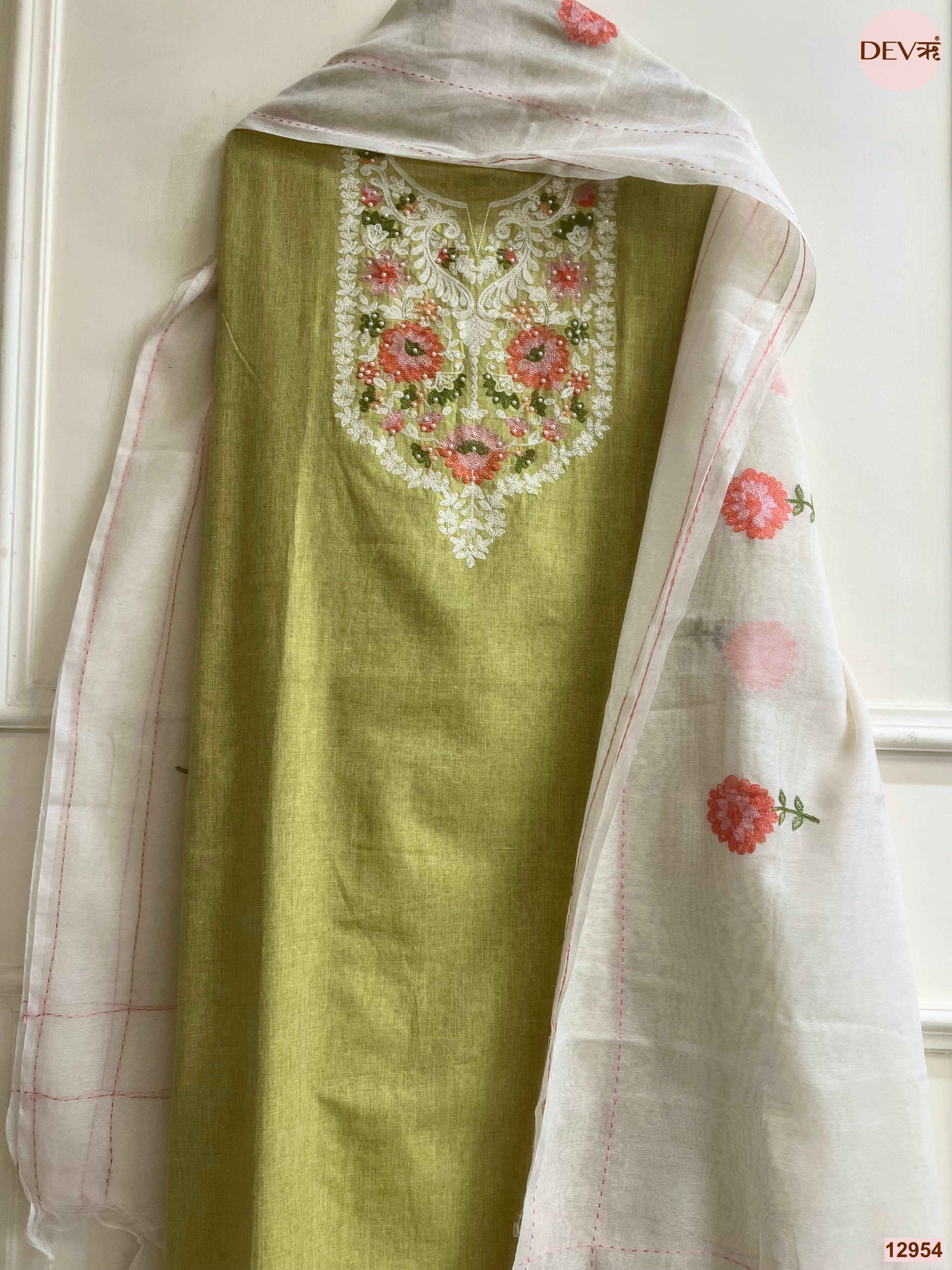 Olive Cotton Handloom Embroidered Unstitched 3-Piece Suit (Devri – D.No 12954)