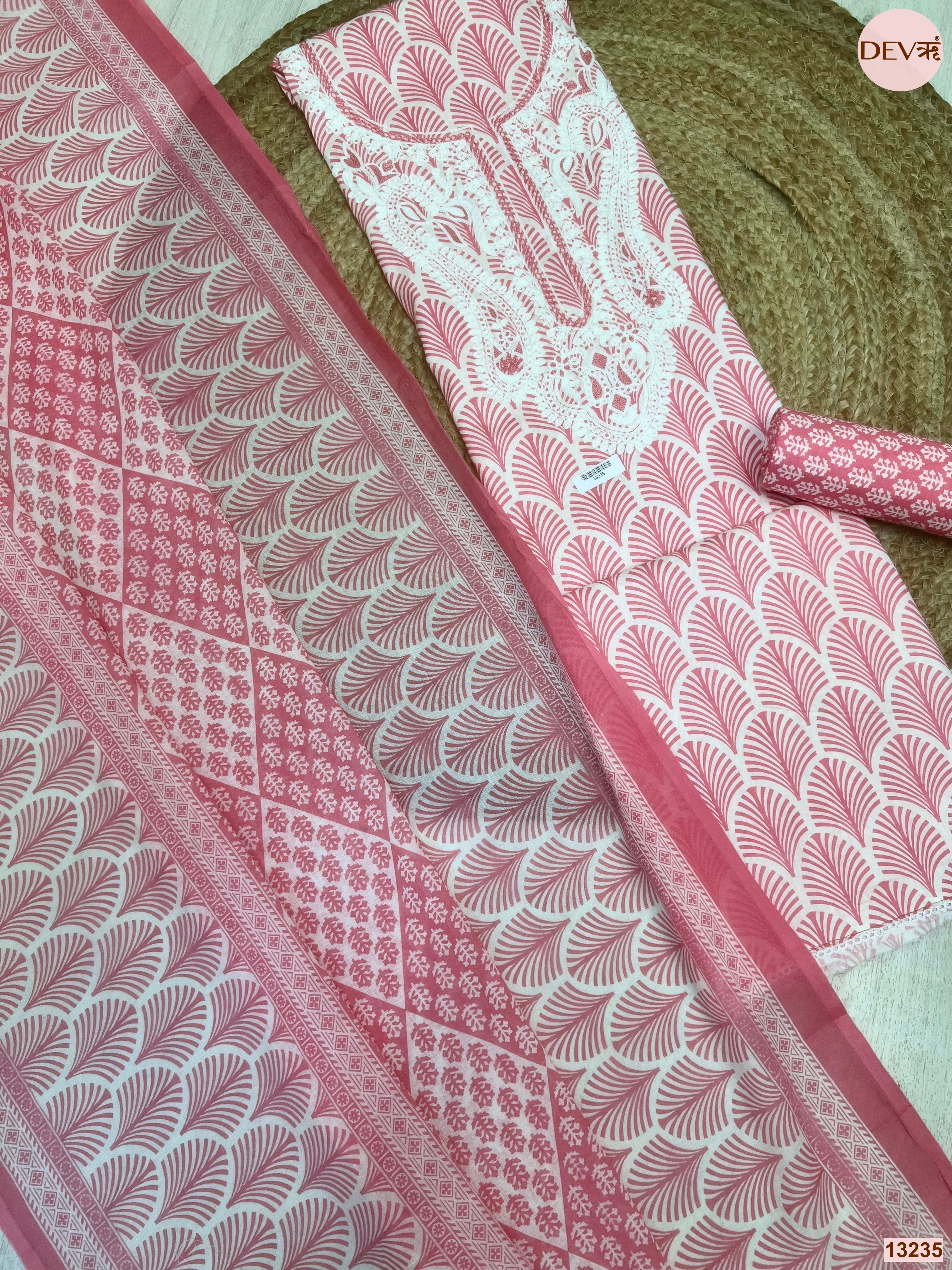 Pink Cotton Printed Unstitched 3-Piece Suit (Devri – D.No 13235)