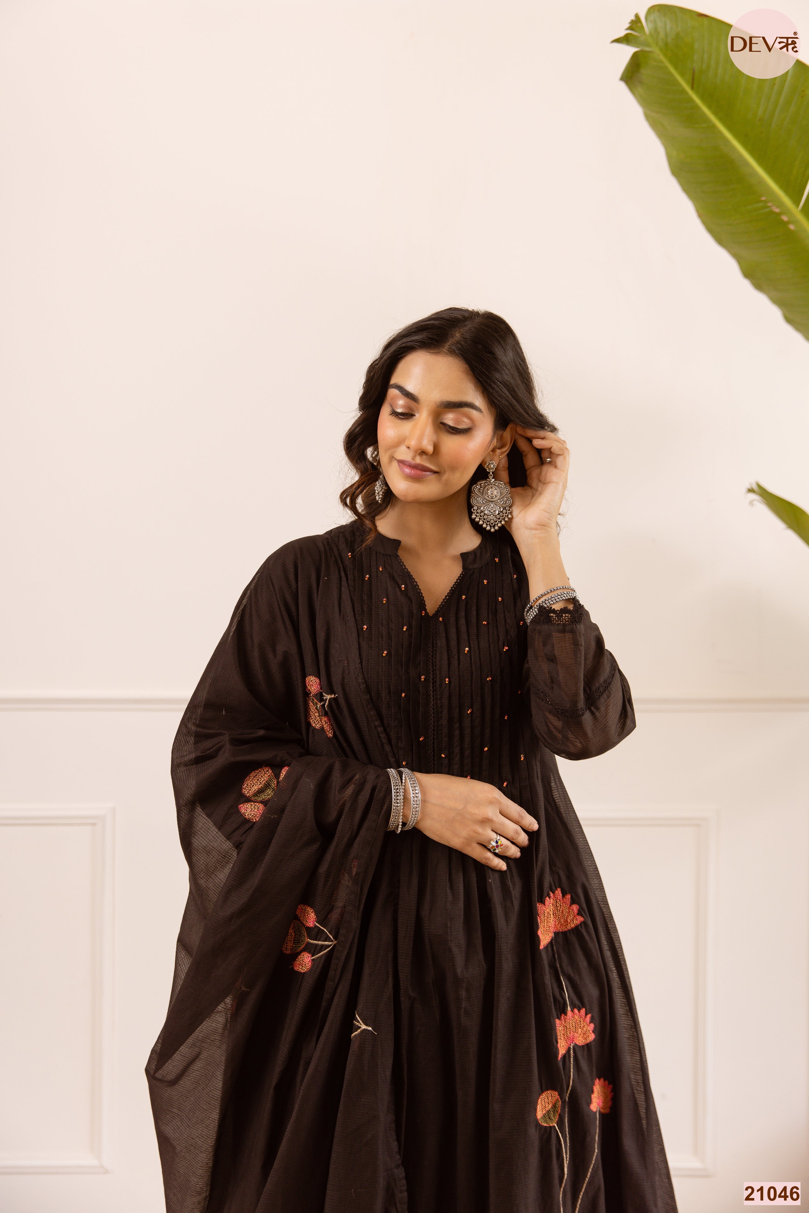 Noor Net Chanderi Embroidered Black 3-Piece Set (Devri – D.No 21046)