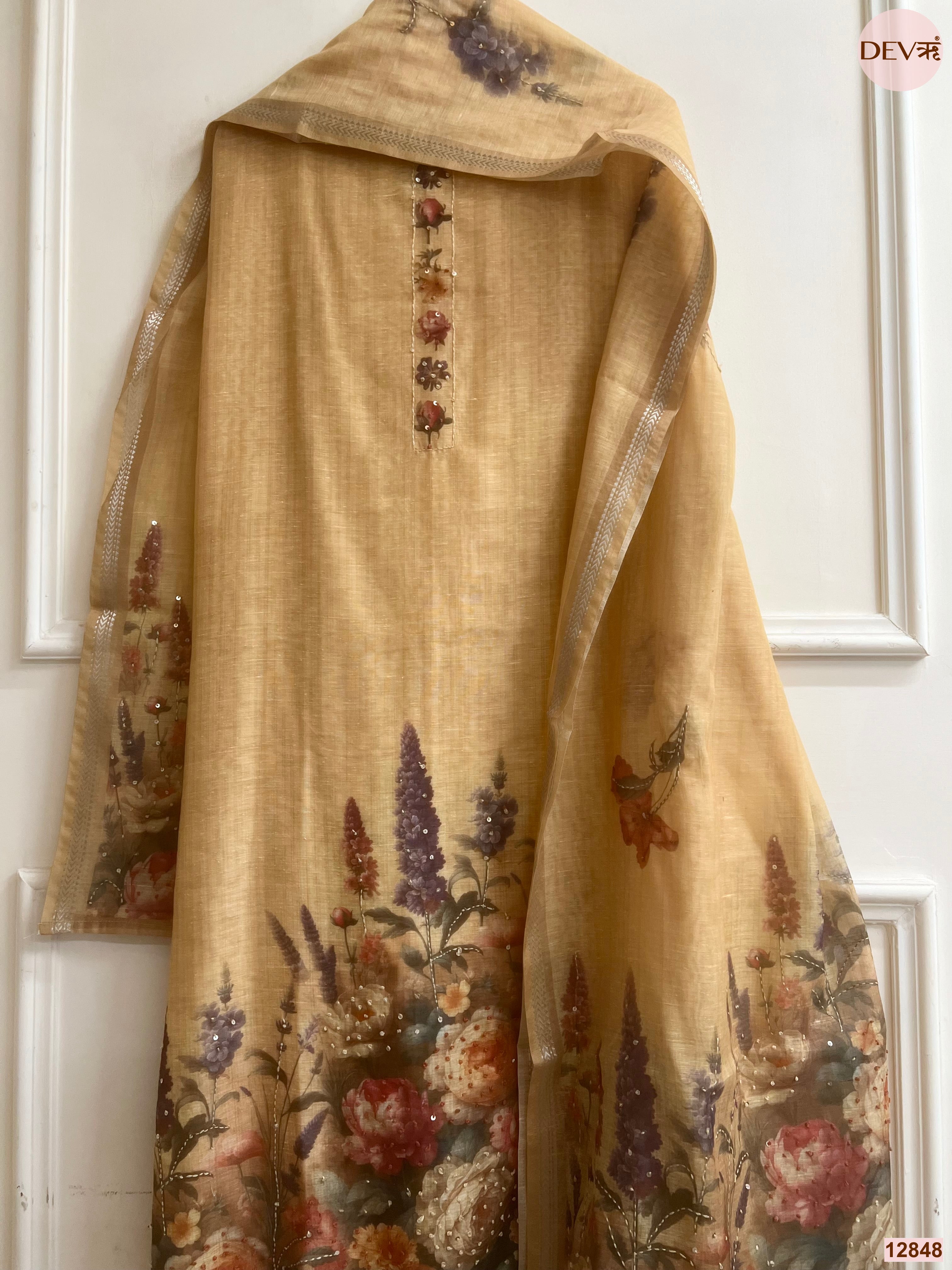 Beige Mul Chanderi Printed Unstitched 3-Piece Suit (Devri – D.No 12848)