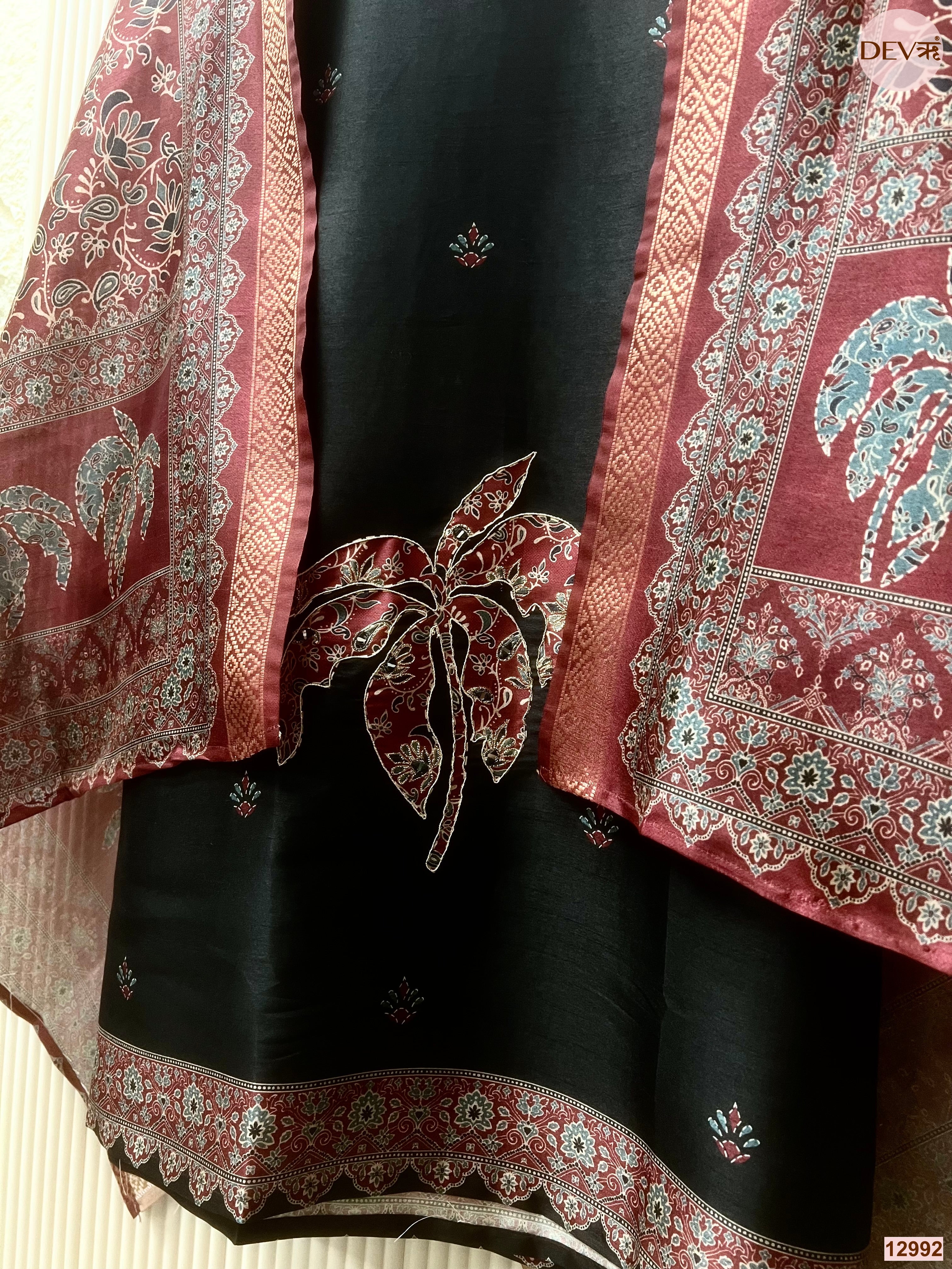 Black Raw Silk Printed Unstitched 3-Piece Suit (Devri – D.No 12992)