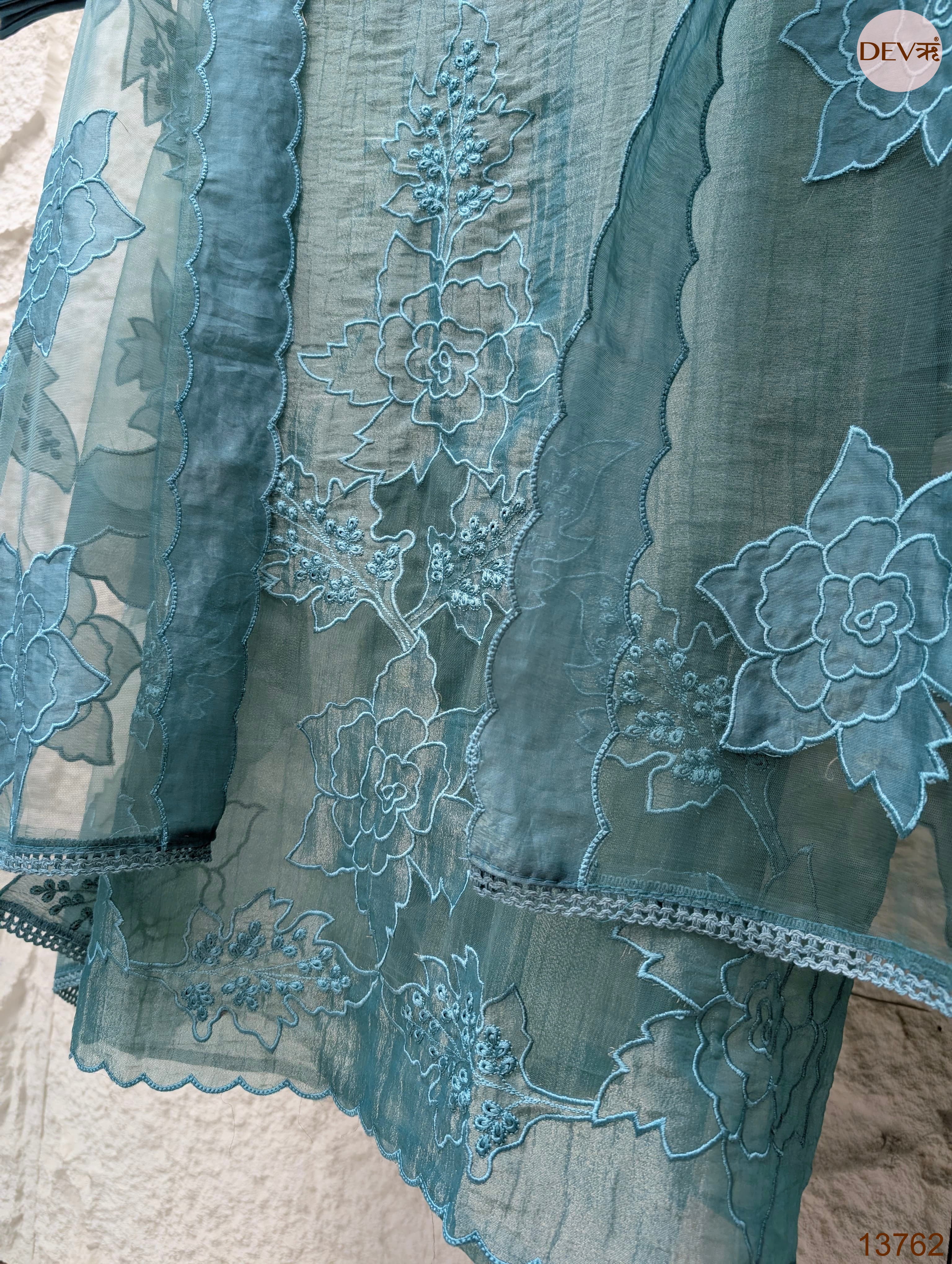 Teal Tissue Silk Embroidered Unstitched 3-Piece Suit (Devri – D.No 13762)