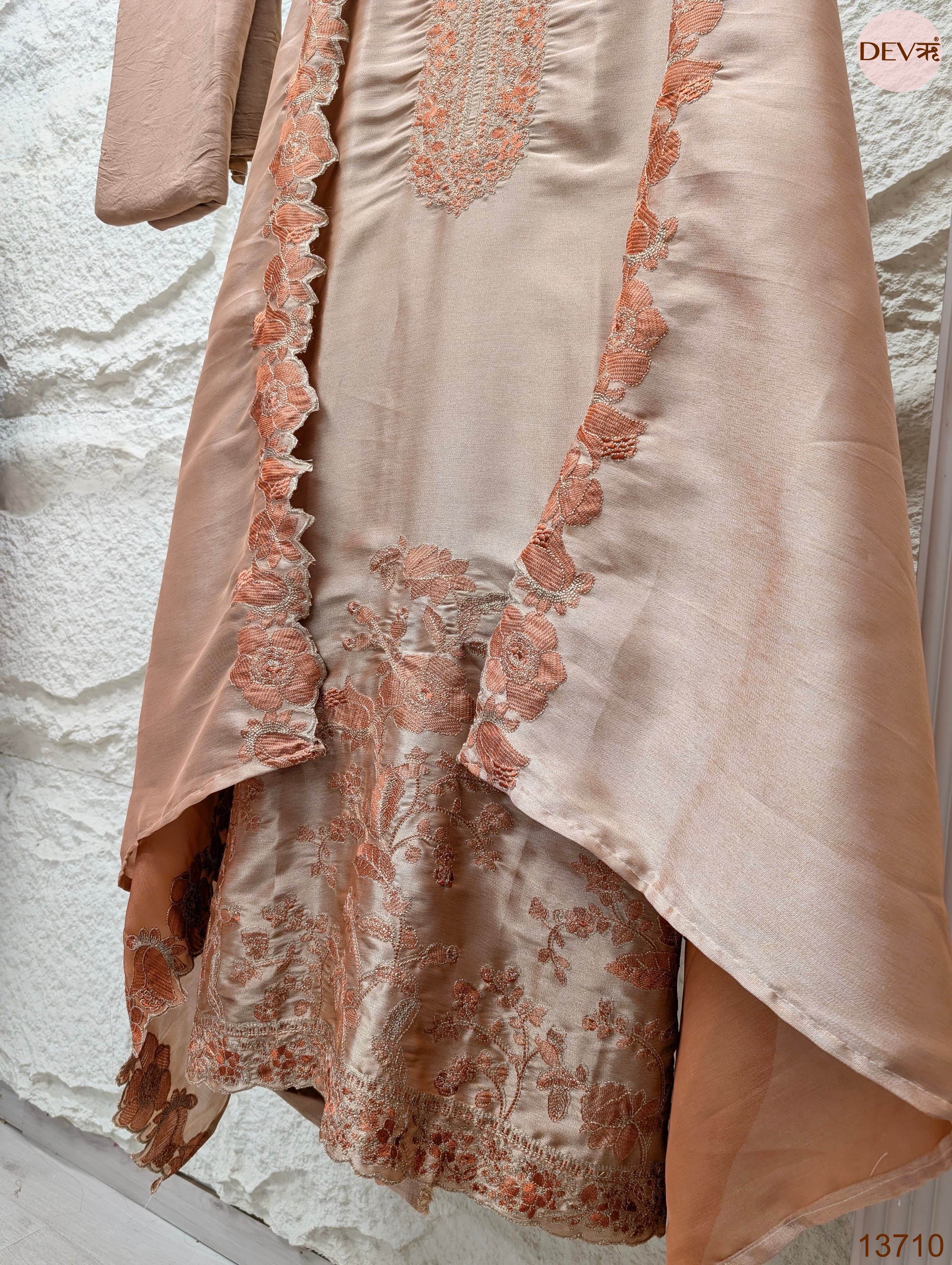 Peach Silk Blend Embroidered Unstitched 3-Piece Suit (Devri – D.No 13710)