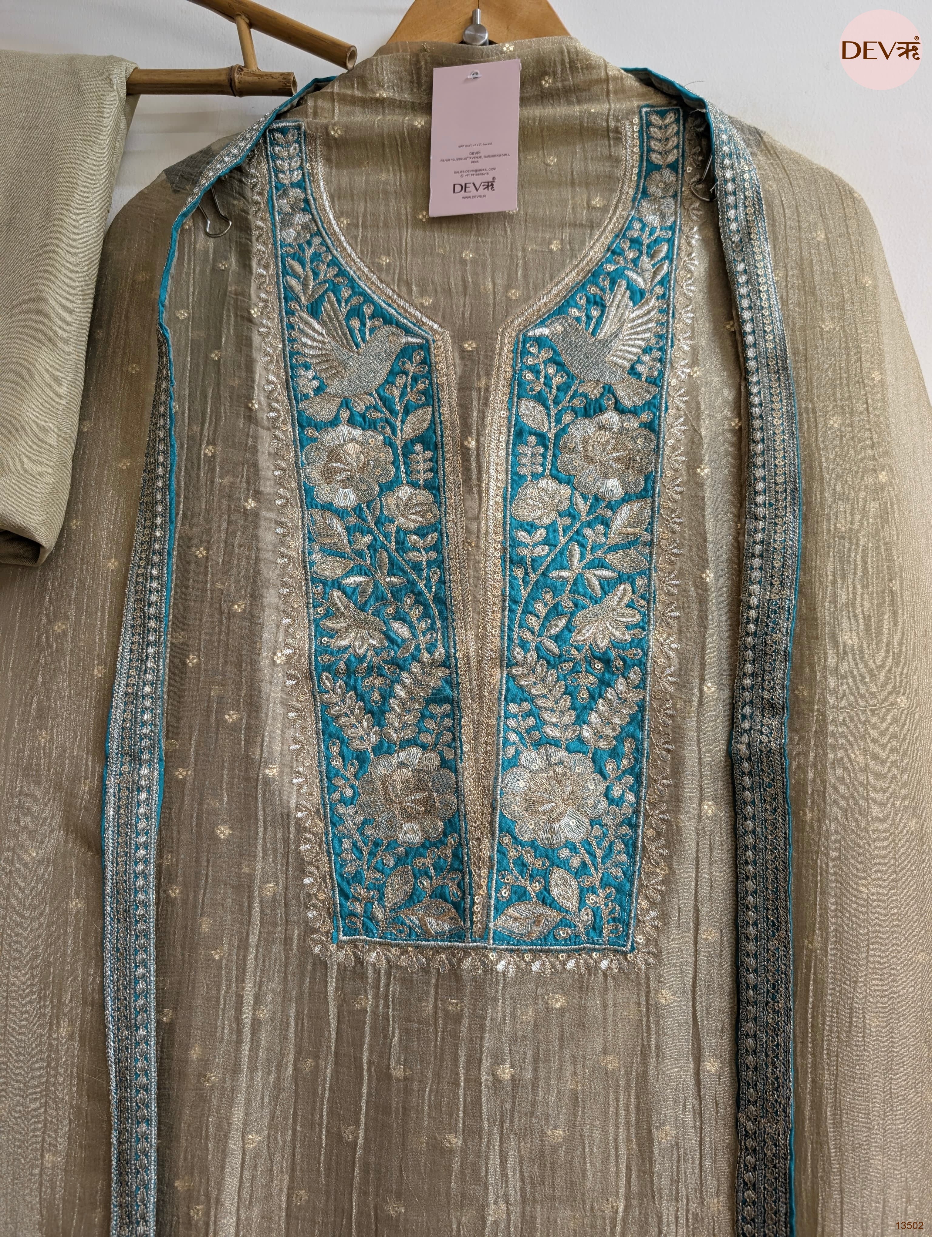 Grey Tissue Silk Embroidered Unstitched 3-Piece Suit (Devri – D.No 13502)