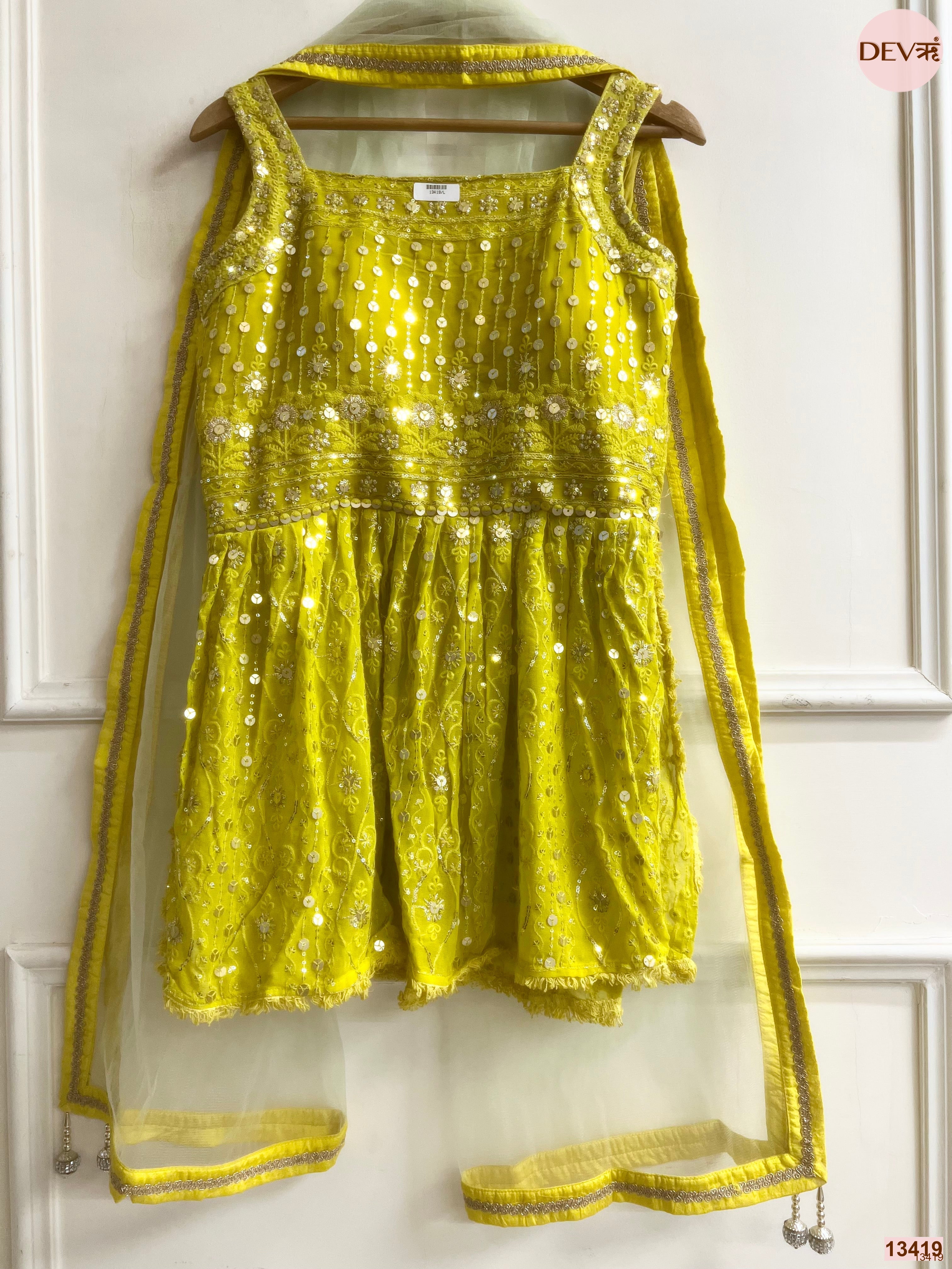 Gulnaar Georgete Embroidered Lime Green 3-Piece Set (Devri – D.No 13419)