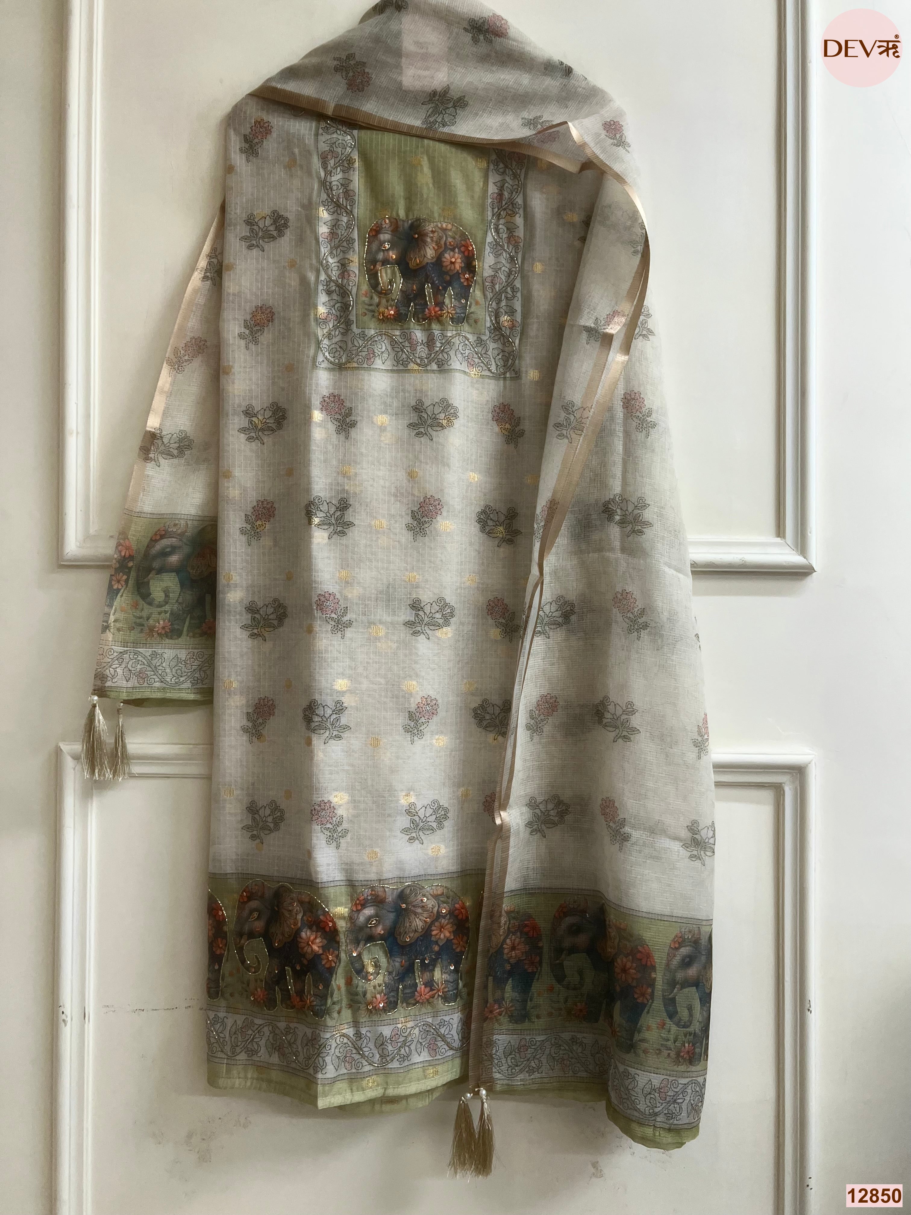 Olive Linen Cotton Printed Unstitched 3-Piece Suit (Devri – D.No 12850)