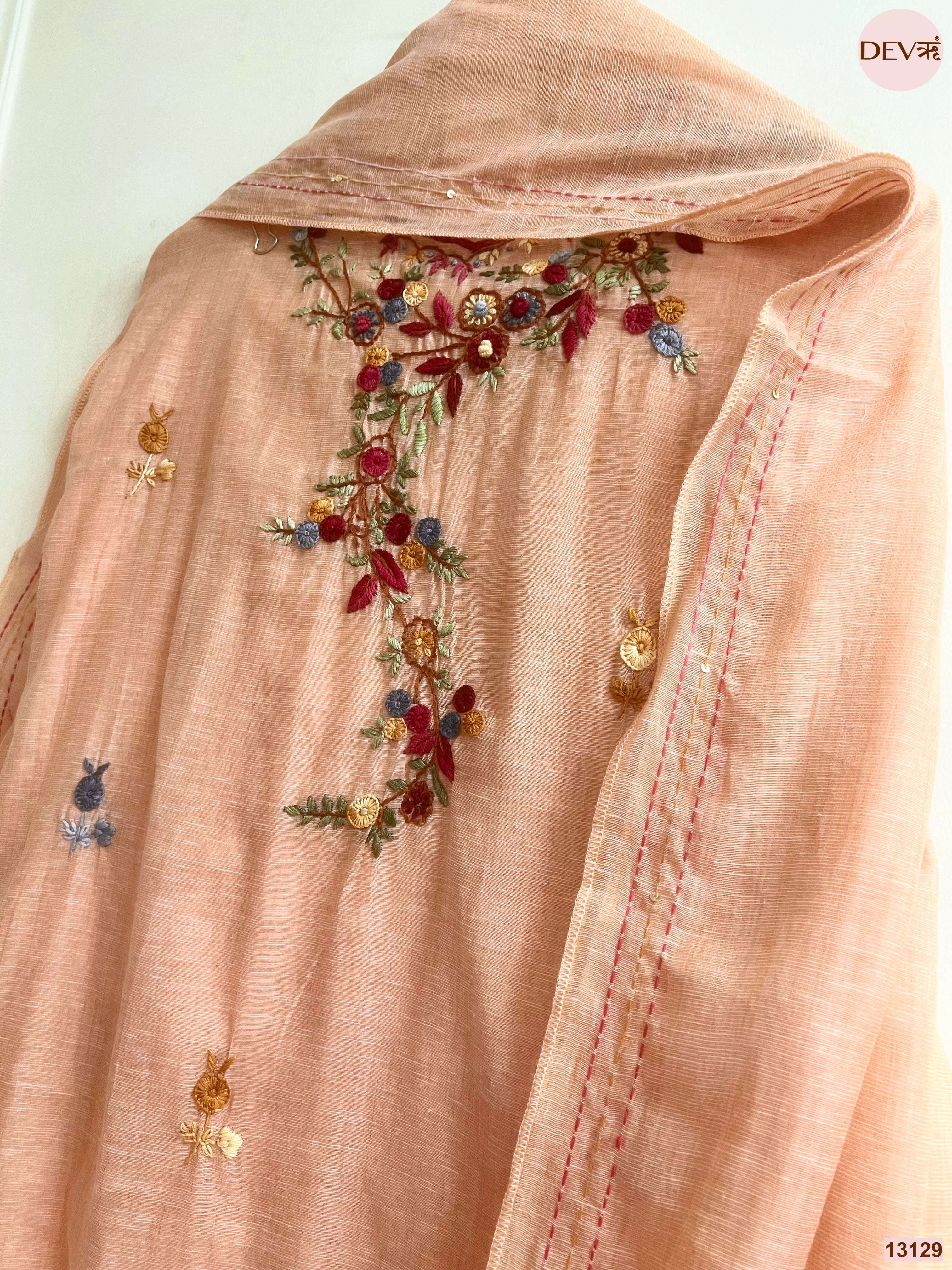 Peach Jamdani Cotton Embroidered Unstitched 3-Piece Suit (Devri – D.No 13129)