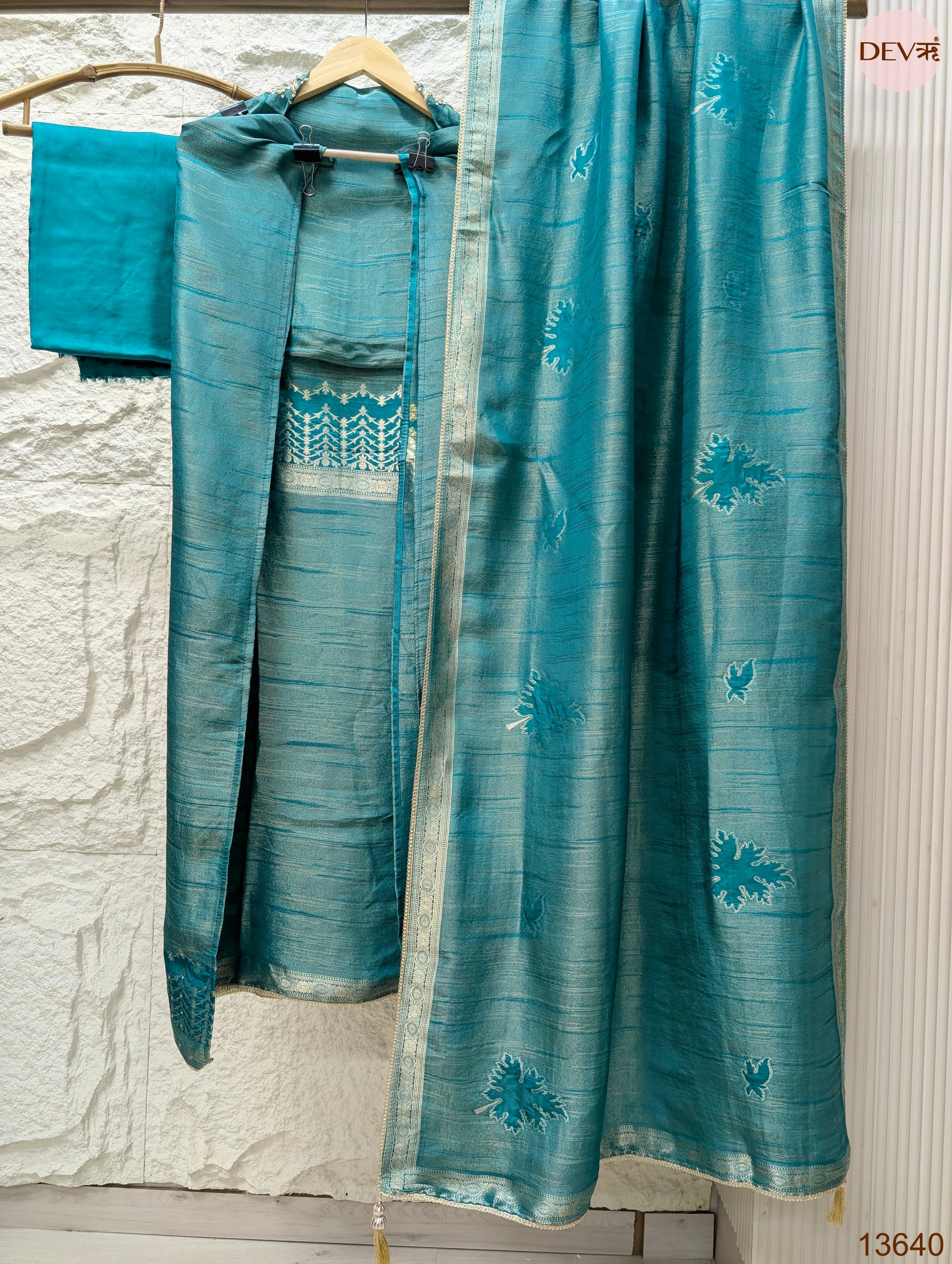 Teal Pure Girafe Banarasi Silk Embroidered Unstitched 3-Piece Suit (Devri – D.No 13640)