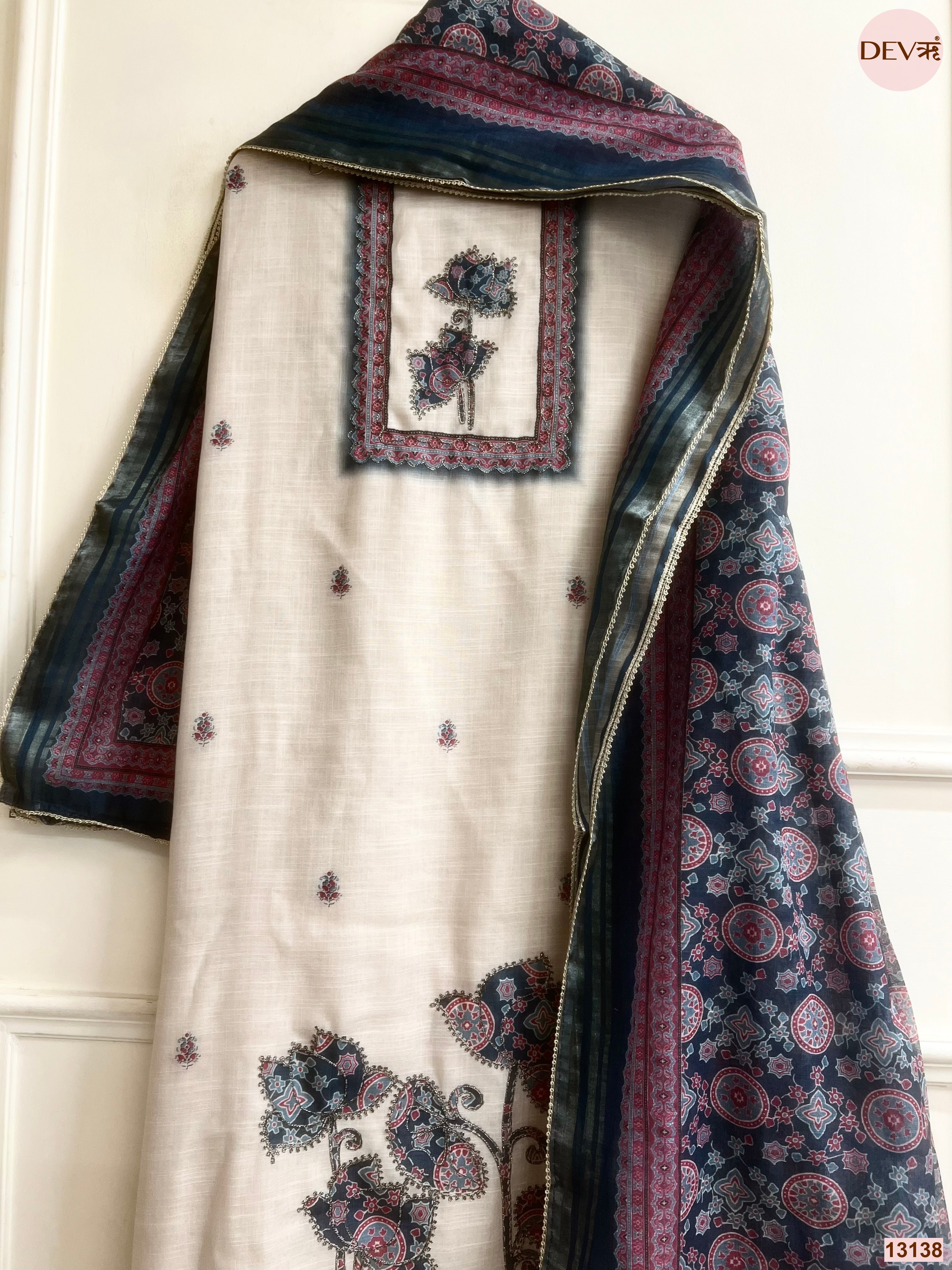 Cream Linen Printed Unstitched 3-Piece Suit (Devri – D.No 13138)
