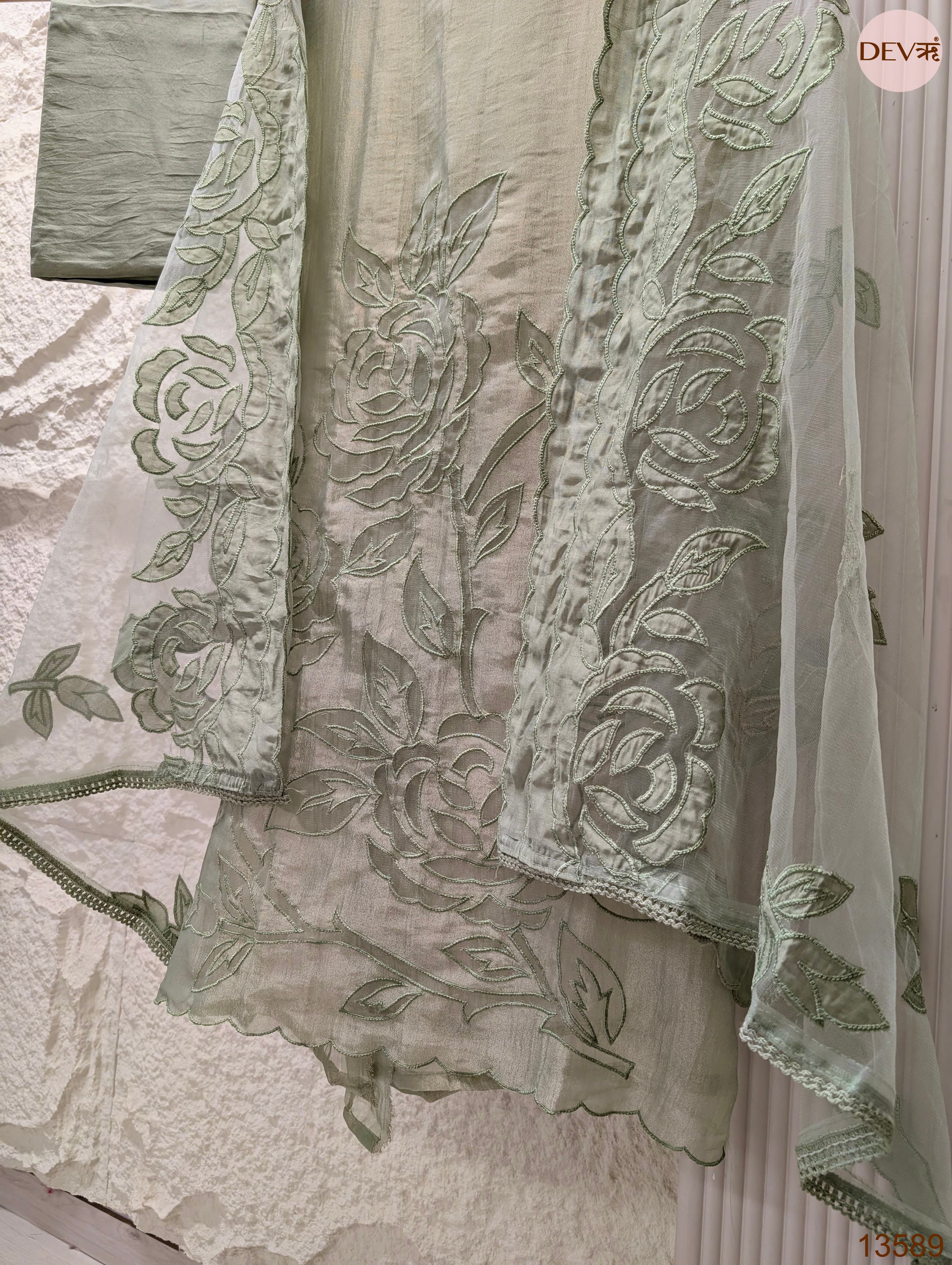 Sage Tissue Crush Silk Embroidered Unstitched 3-Piece Suit (Devri – D.No 13589)