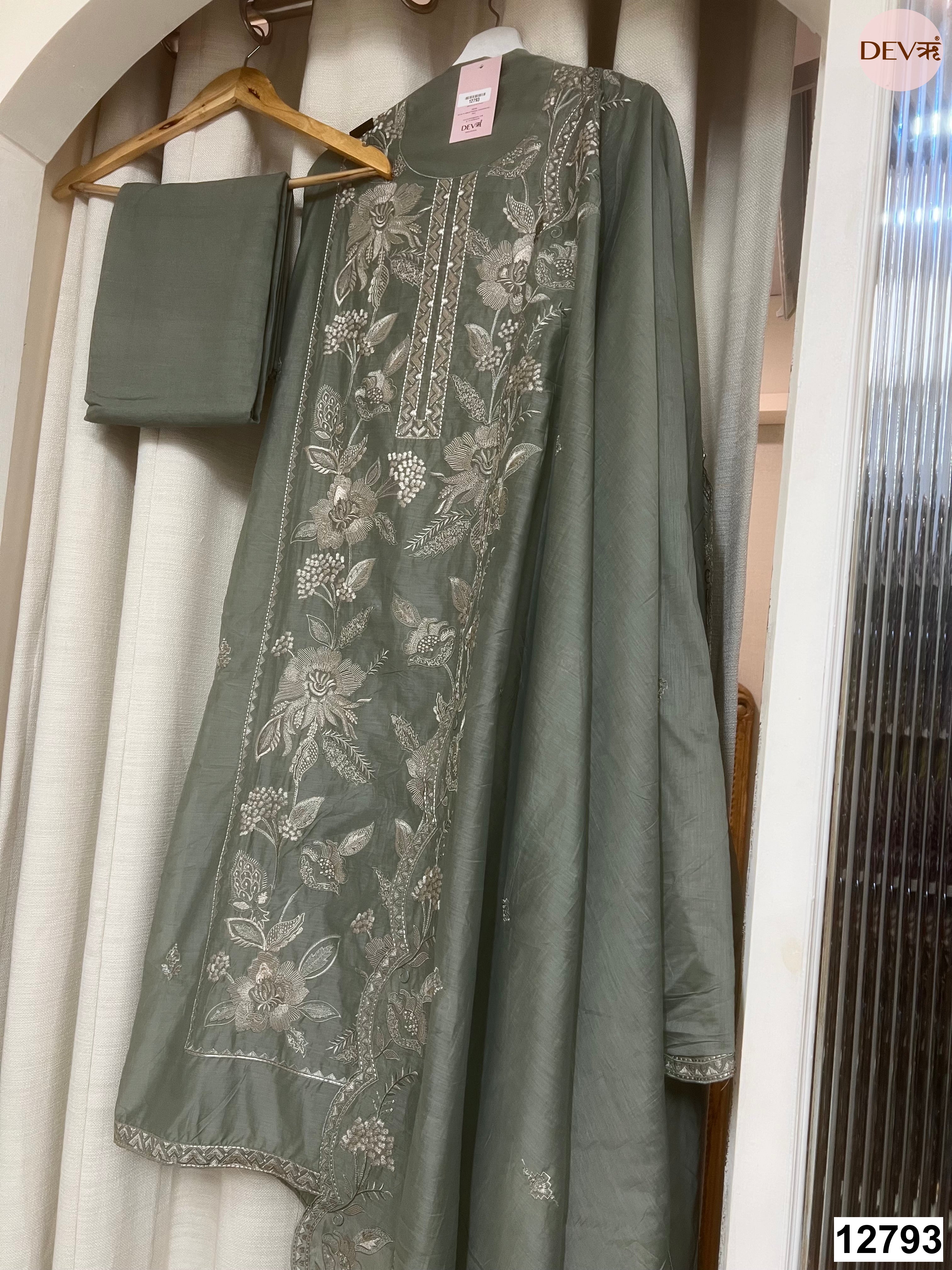 Olive Mul Chanderi Embroidered Unstitched 3-Piece Suit (Devri – D.No 12793)