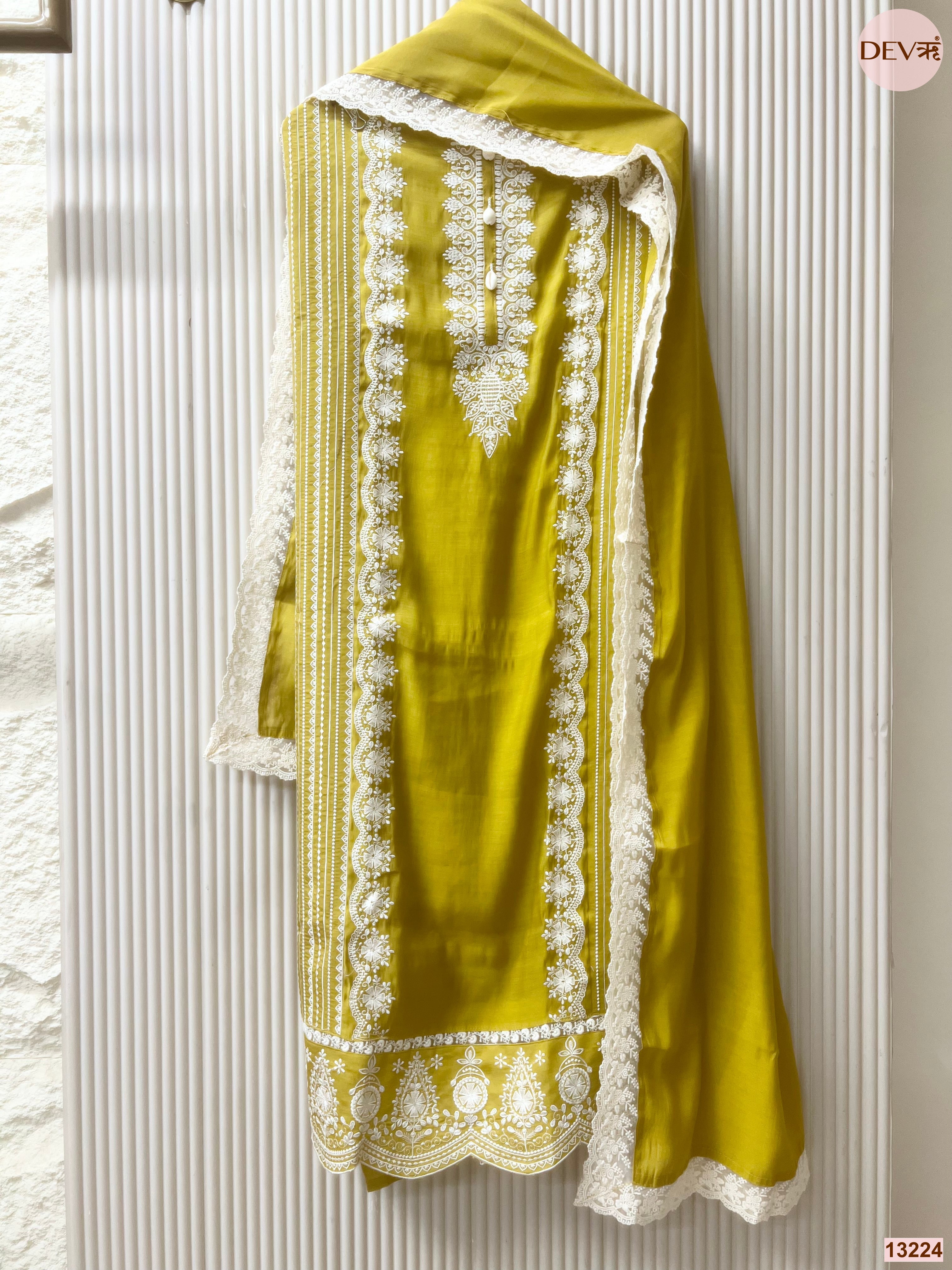 Mustard Mul Cotton Embroidered Unstitched 3-Piece Suit (Devri – D.No 13224)