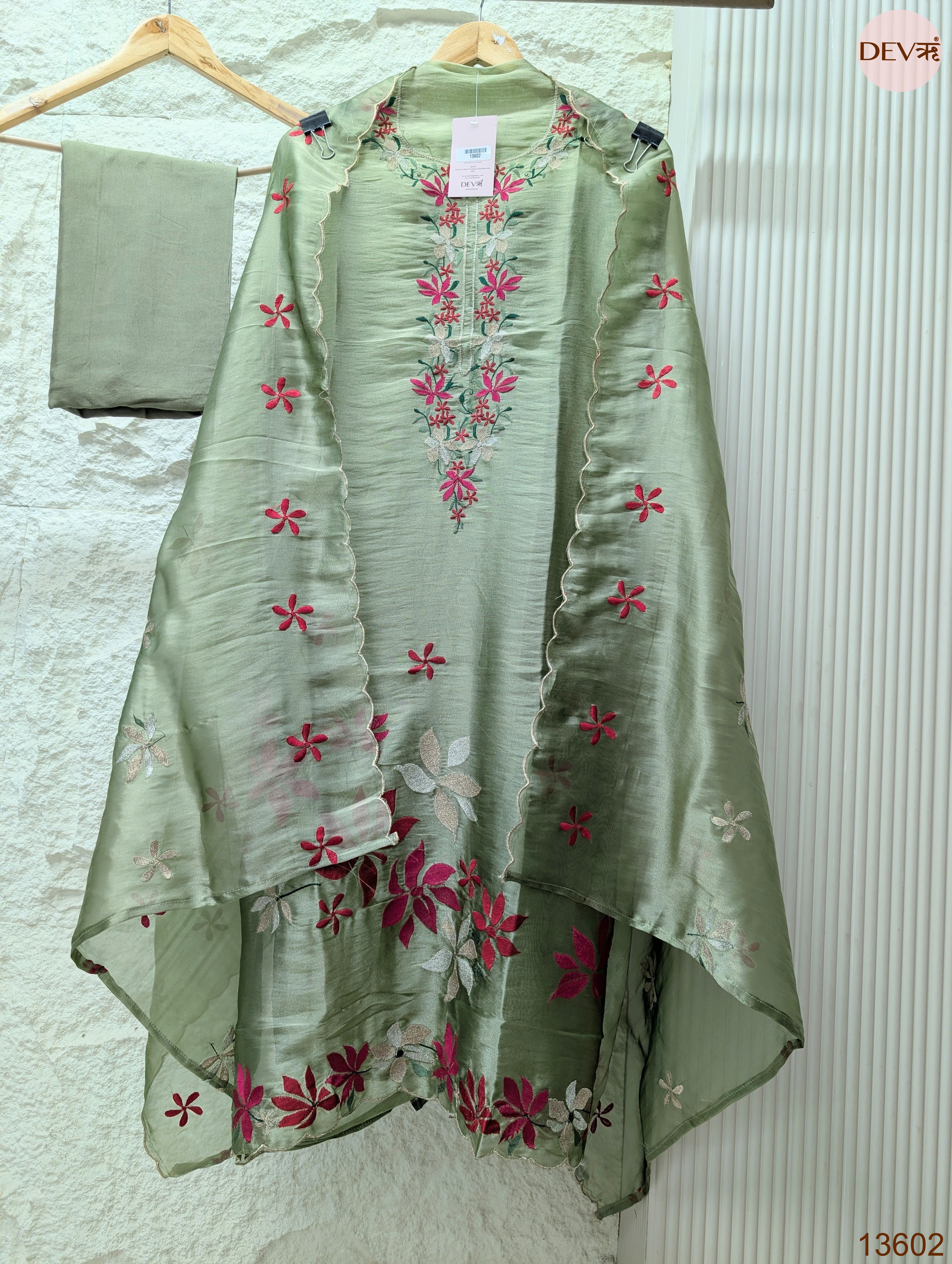 Sage Crush Tissue Silk Embroidered Unstitched 3-Piece Suit (Devri – D.No 13602)