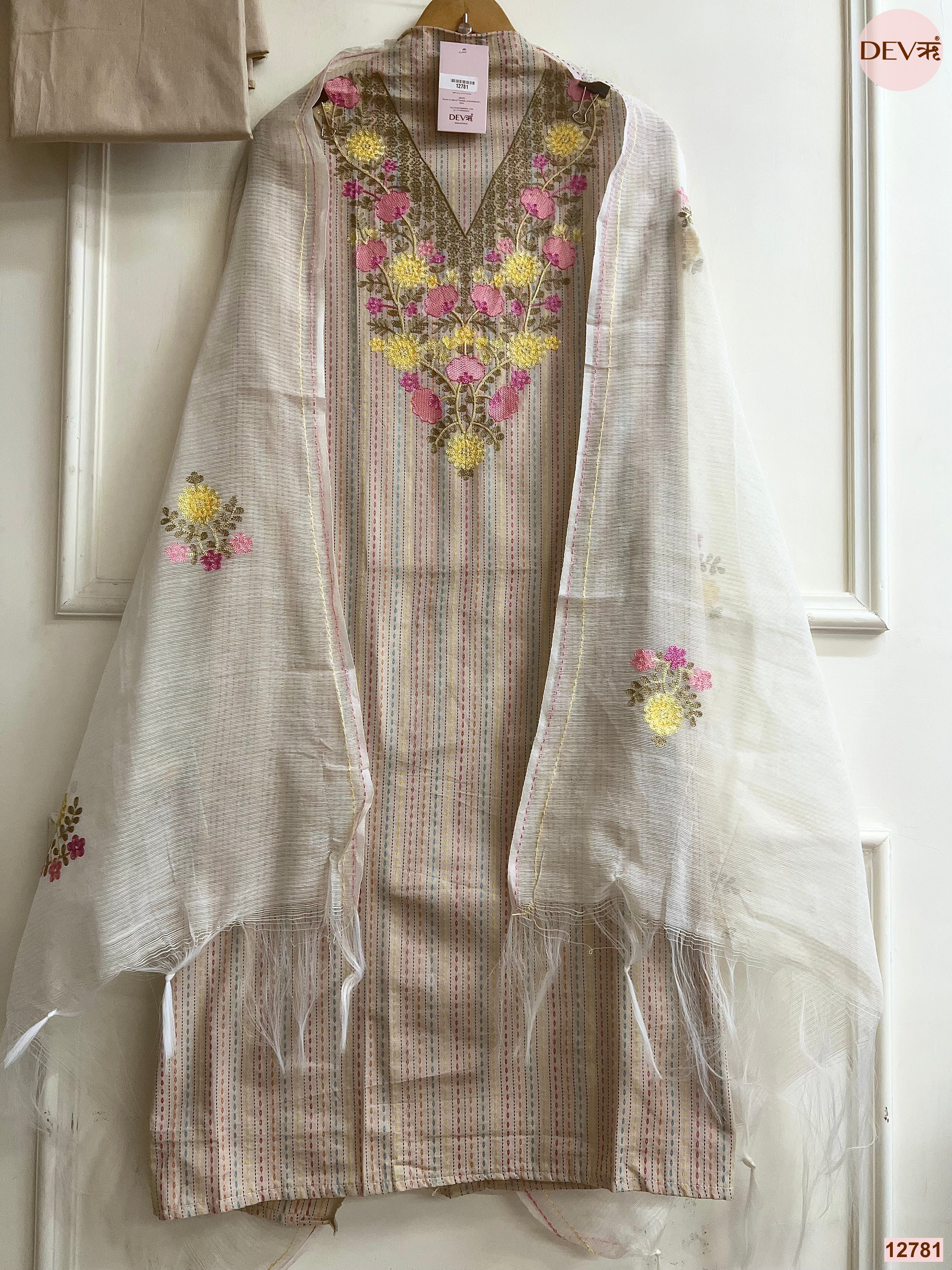 Cream Cotton Handloom Embroidered Unstitched 3-Piece Suit (Devri – D.No 12781)