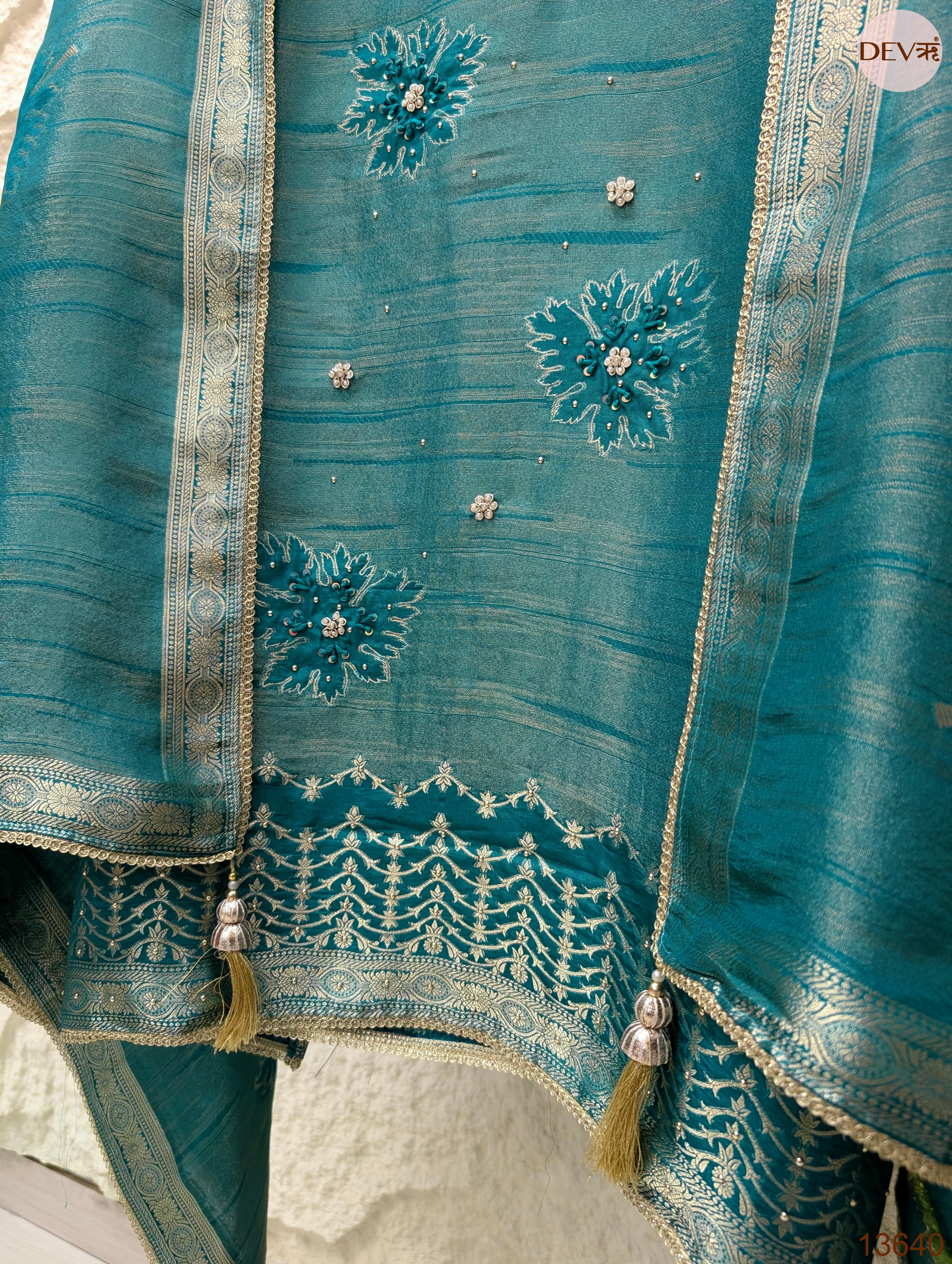 Teal Pure Girafe Banarasi Silk Embroidered Unstitched 3-Piece Suit (Devri – D.No 13640)