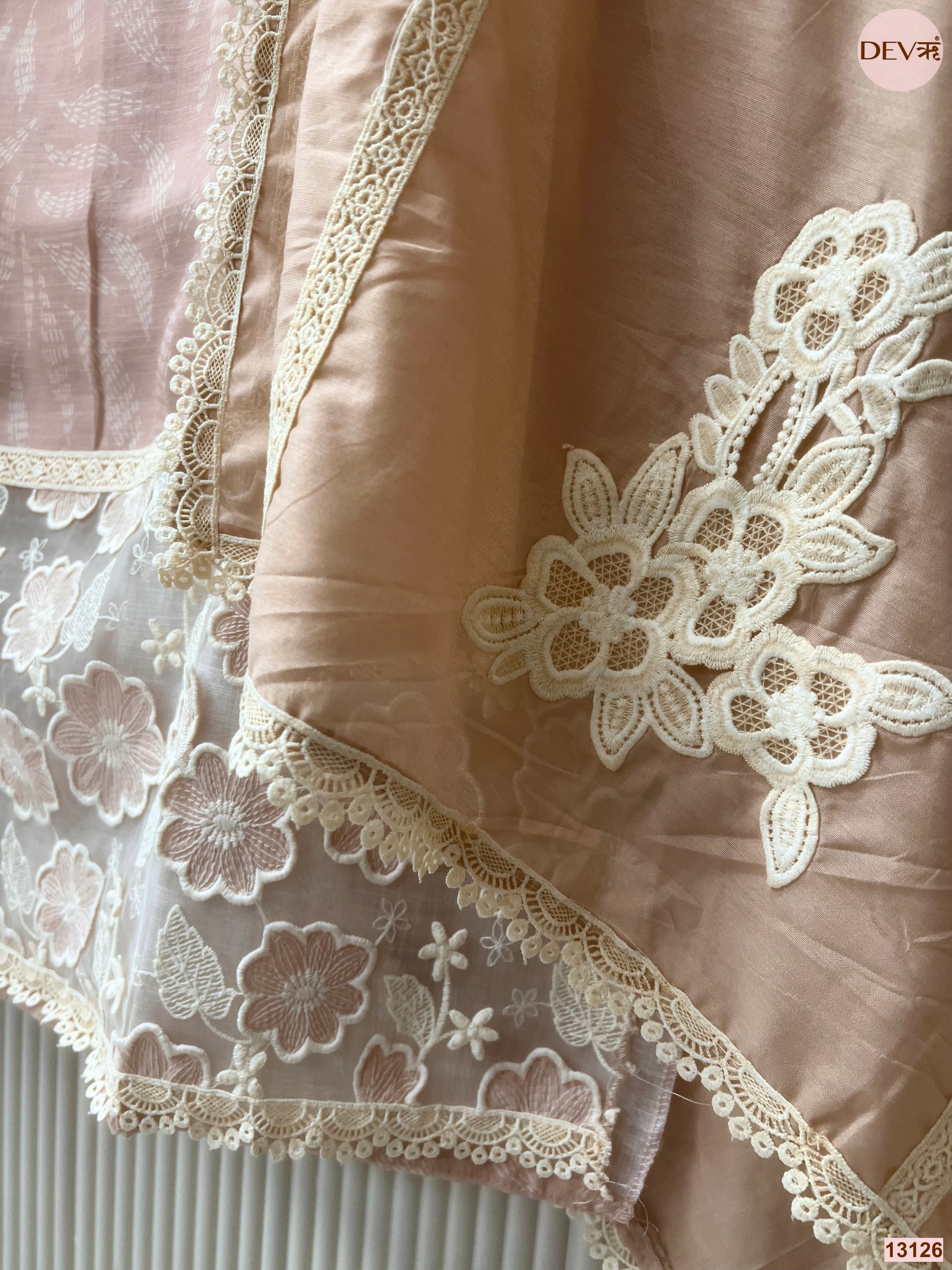 Peach Linen Cotton Embroidered Unstitched 3-Piece Suit (Devri – D.No 13126)