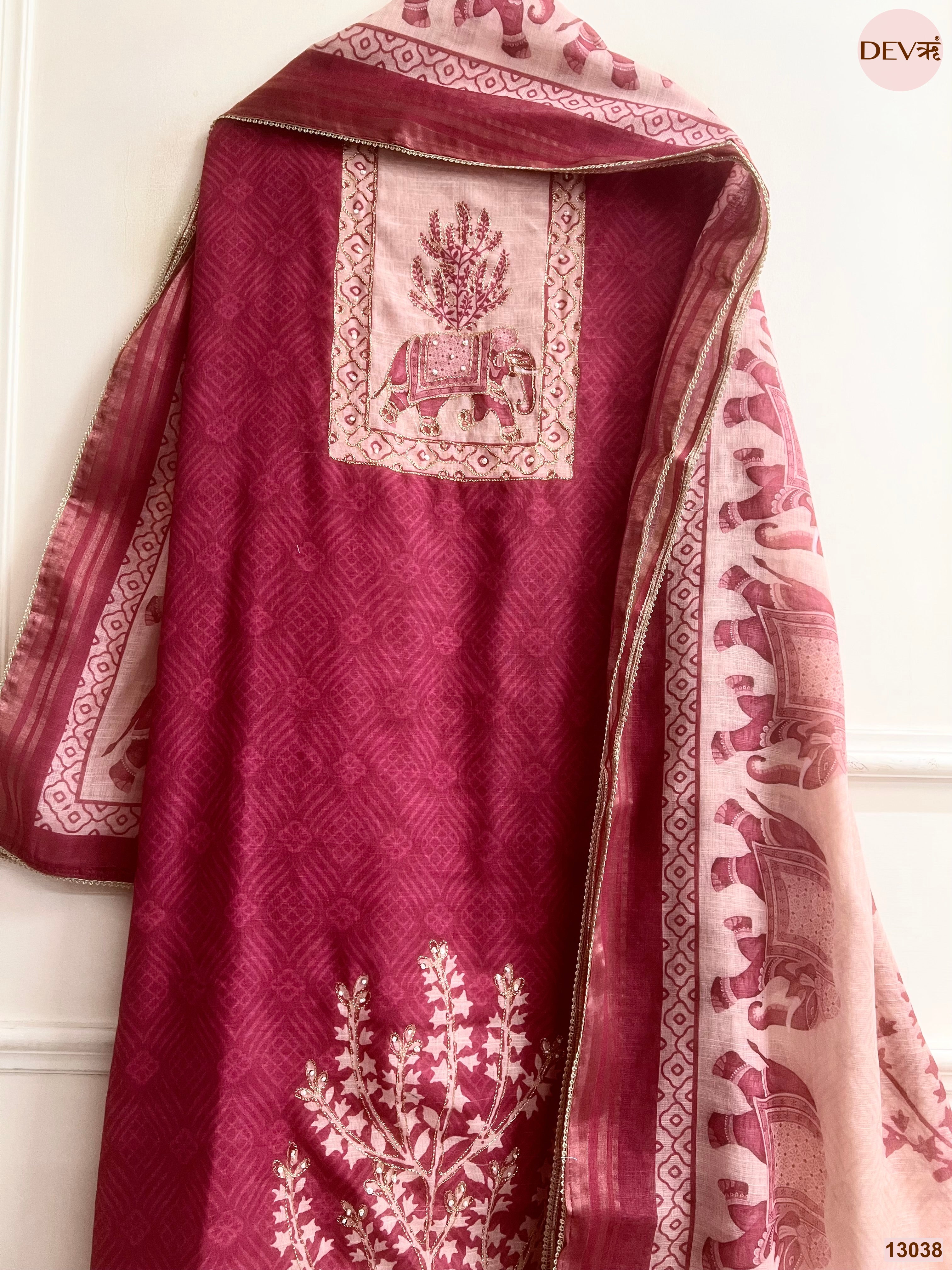 Wine Linen Cotton Printed Unstitched 3-Piece Suit (Devri – D.No 13038)