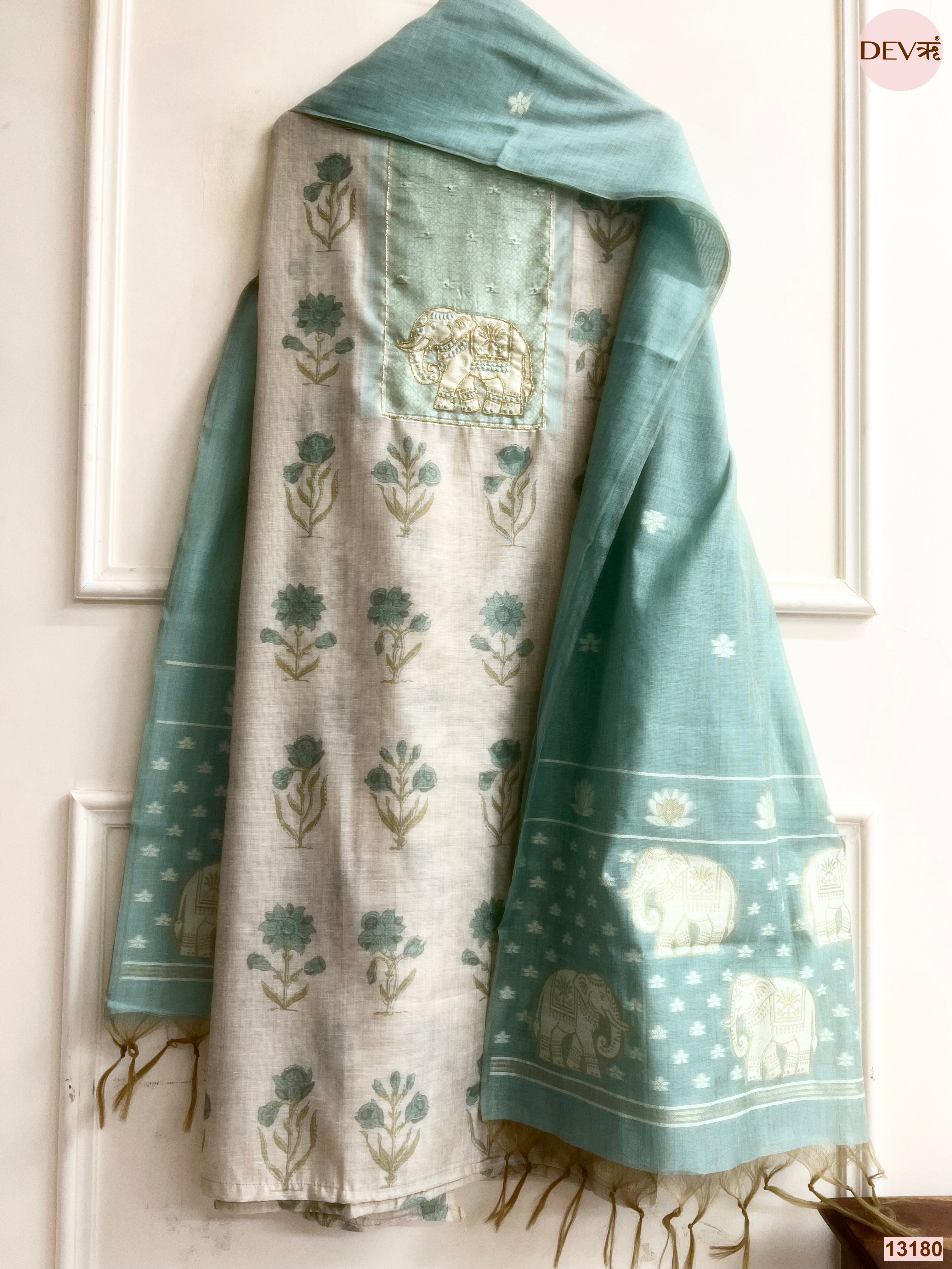 Aqua Mul Chanderi Printed Unstitched 3-Piece Suit (Devri – D.No 13180)
