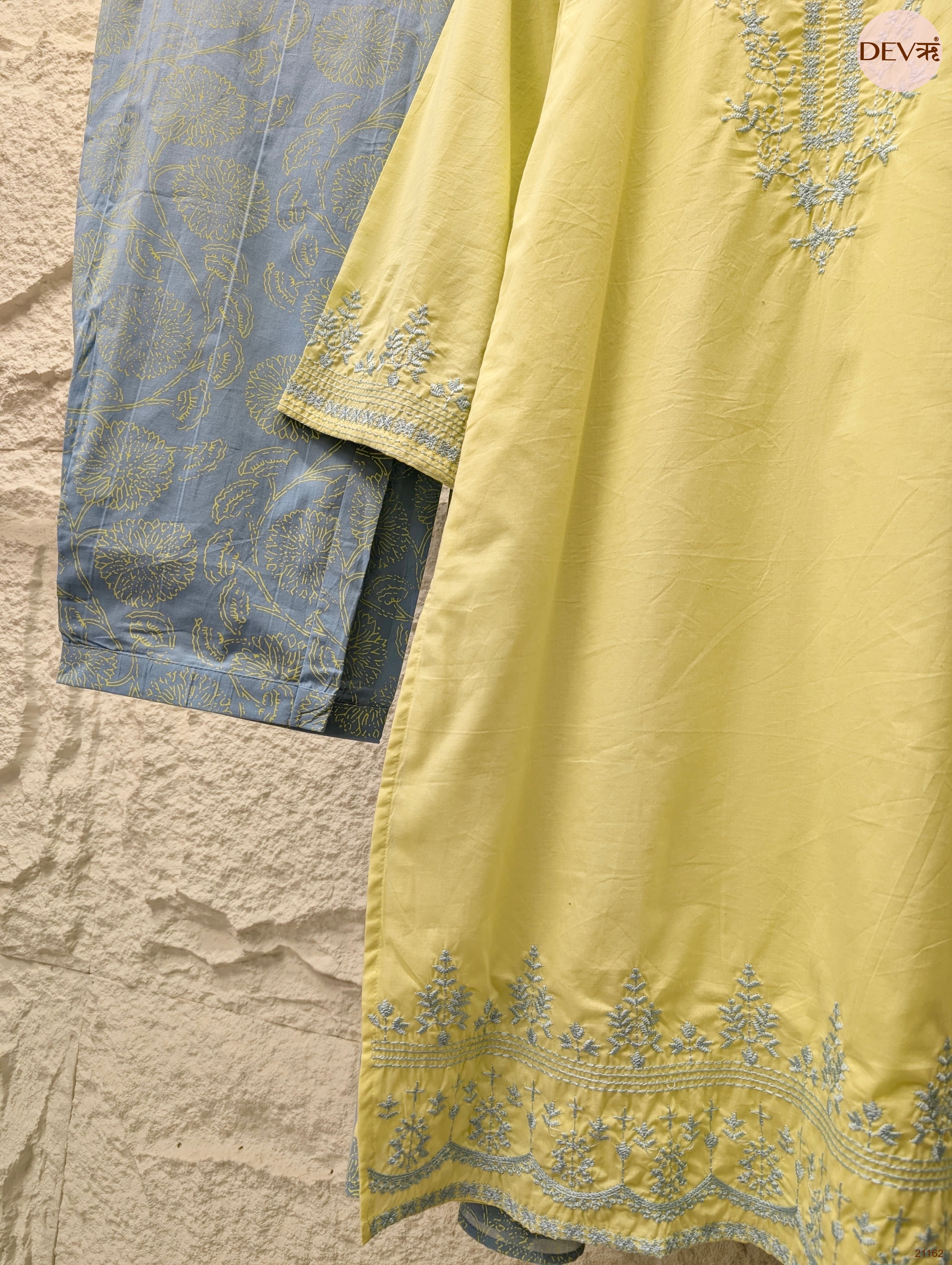 Gulnaar Mul Cotton Embroidered Yellow 3-Piece Set (Devri – D.No 21162)