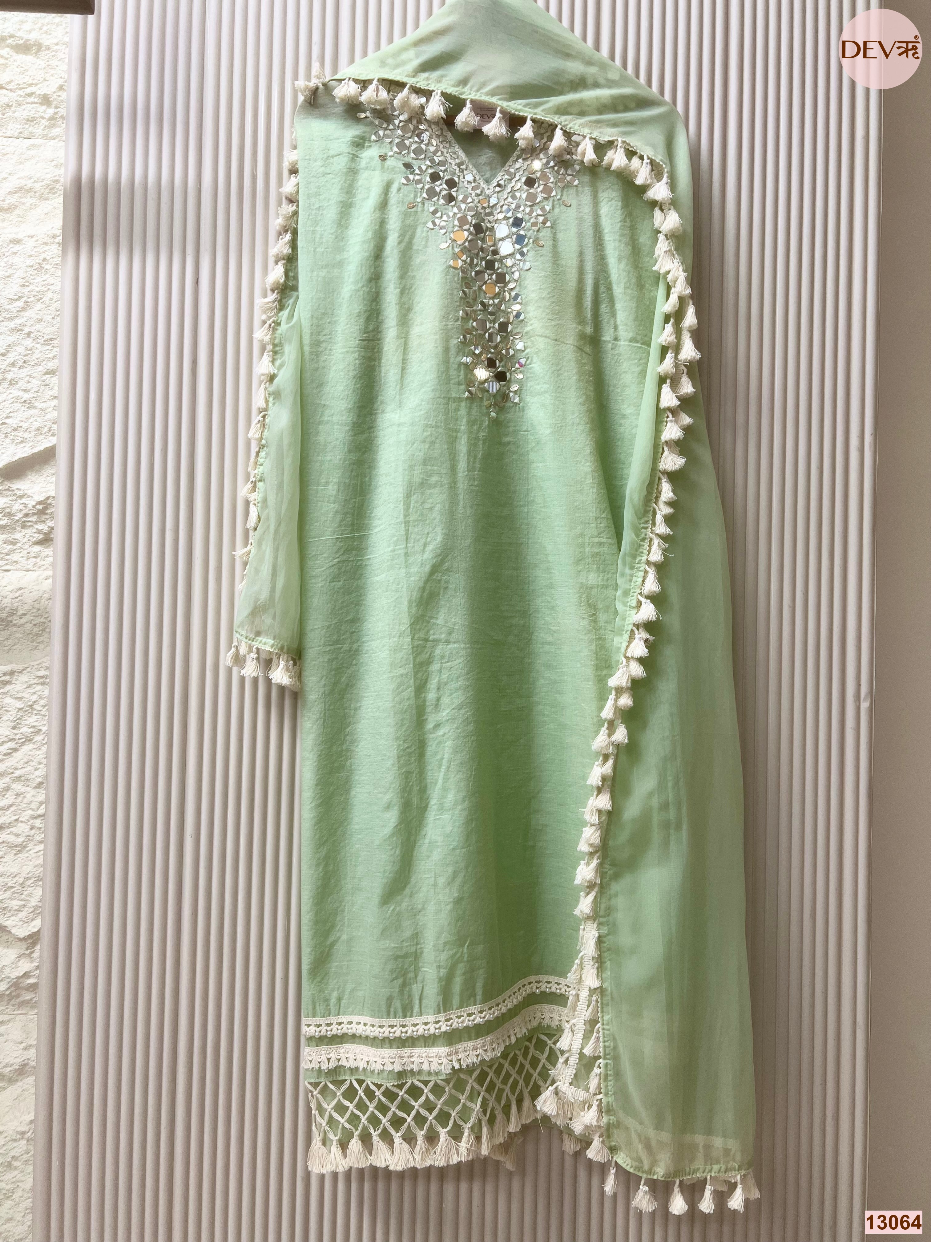 Mint Mul Cotton Hand Unstitched 3-Piece Suit (Devri – D.No 13064)