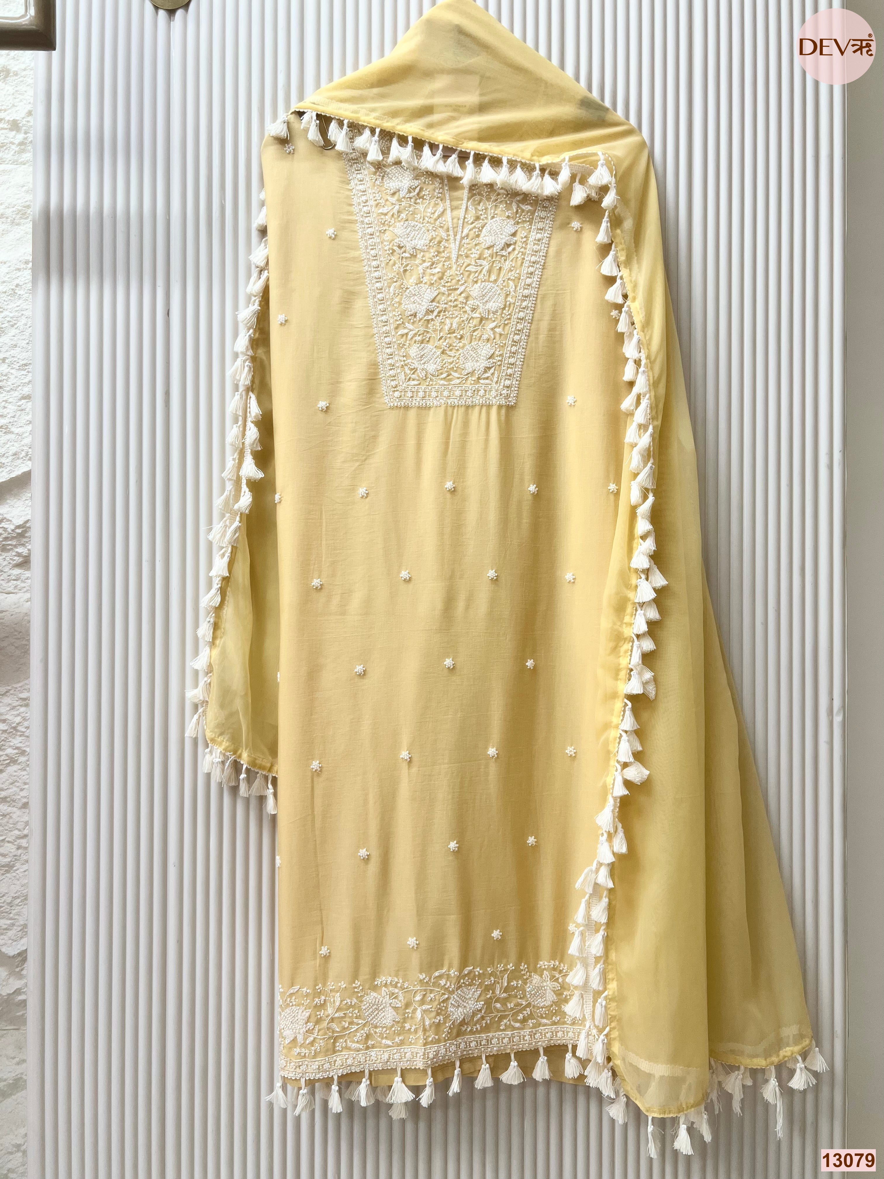 Yellow Mul Cotton Embroidered Unstitched 3-Piece Suit (Devri – D.No 13079)