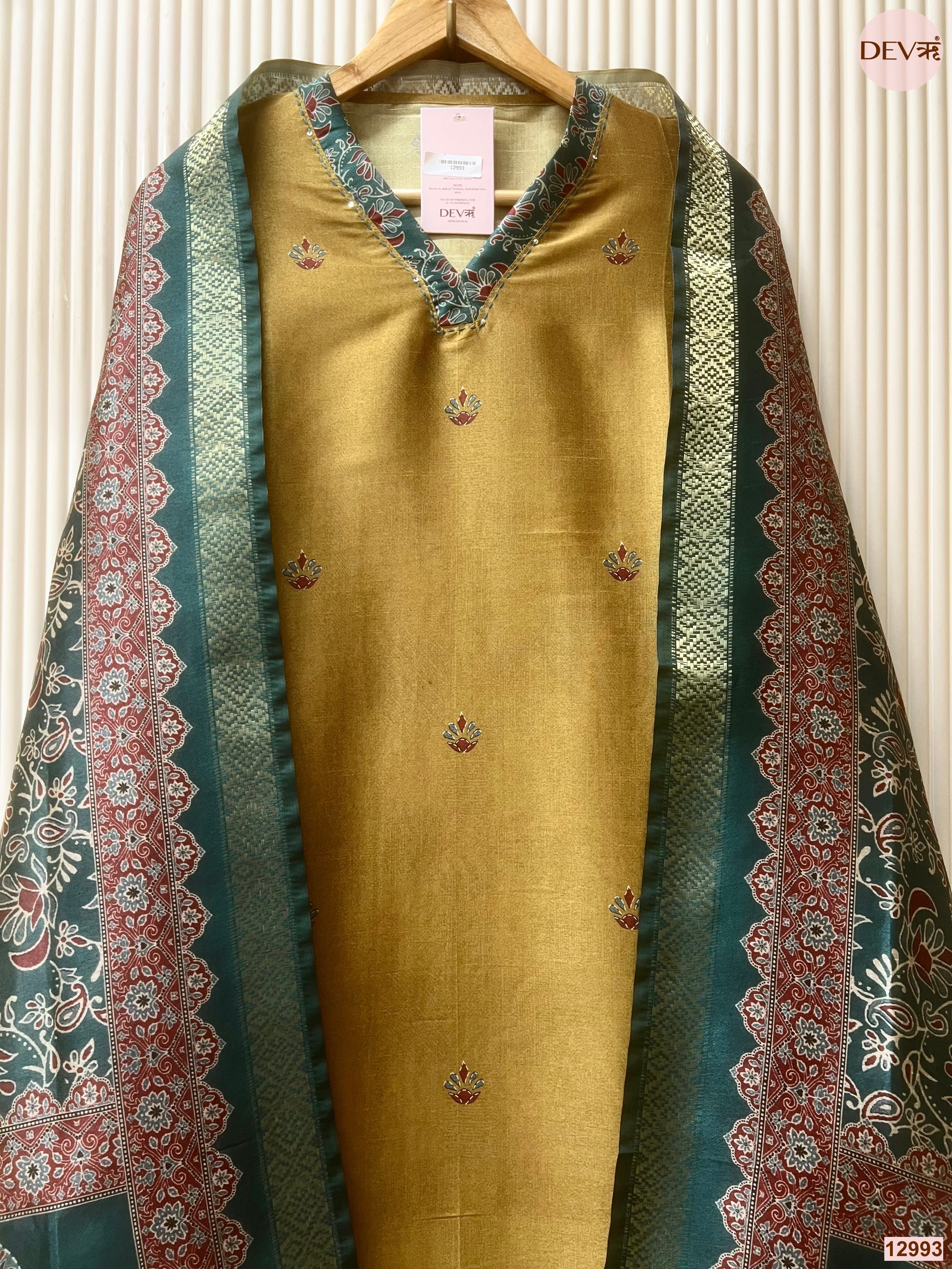 Mustard Raw Silk Printed Unstitched 3-Piece Suit (Devri – D.No 12993)