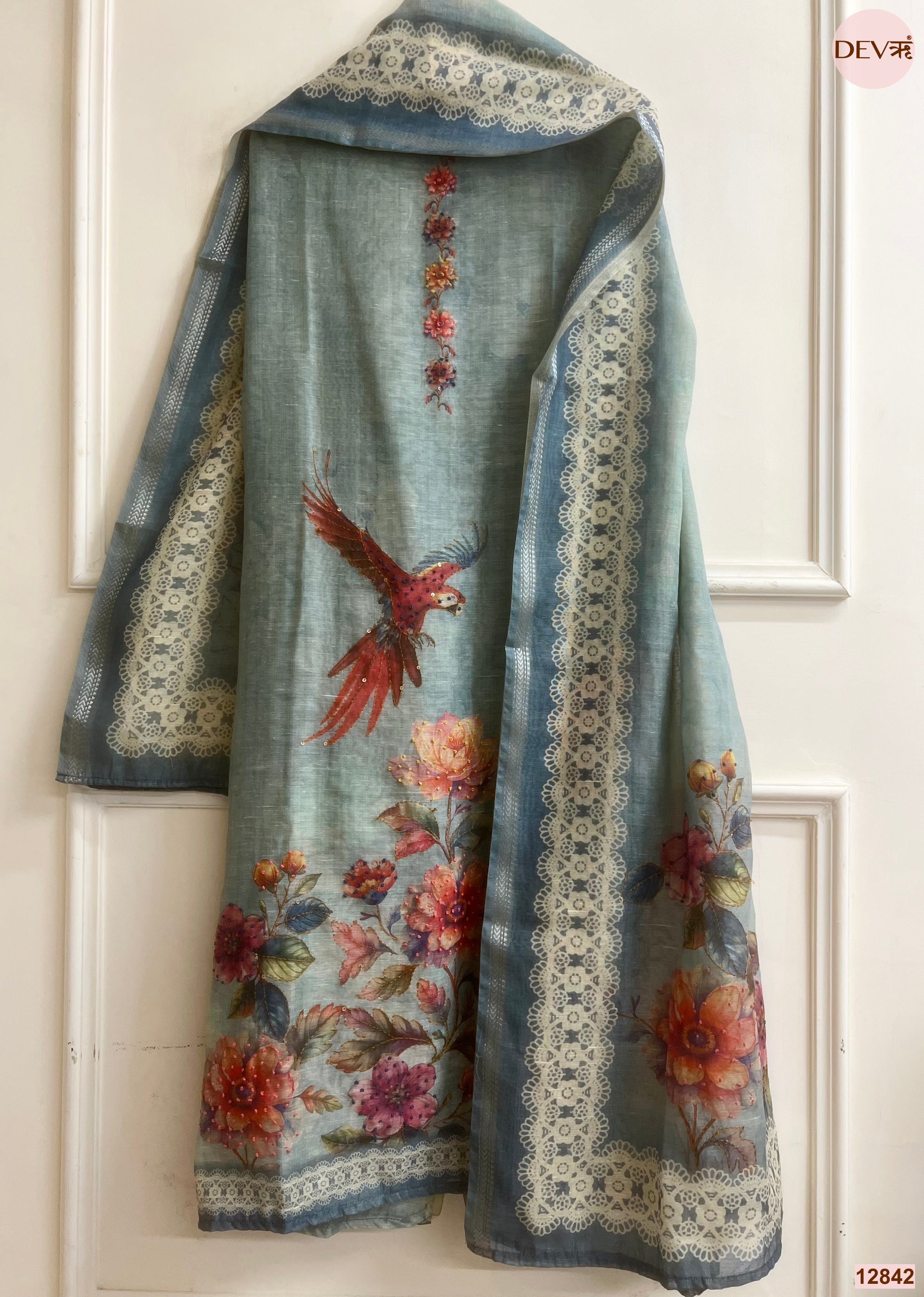 Blue Mul Chanderi Printed Unstitched 3-Piece Suit (Devri – D.No 12842)