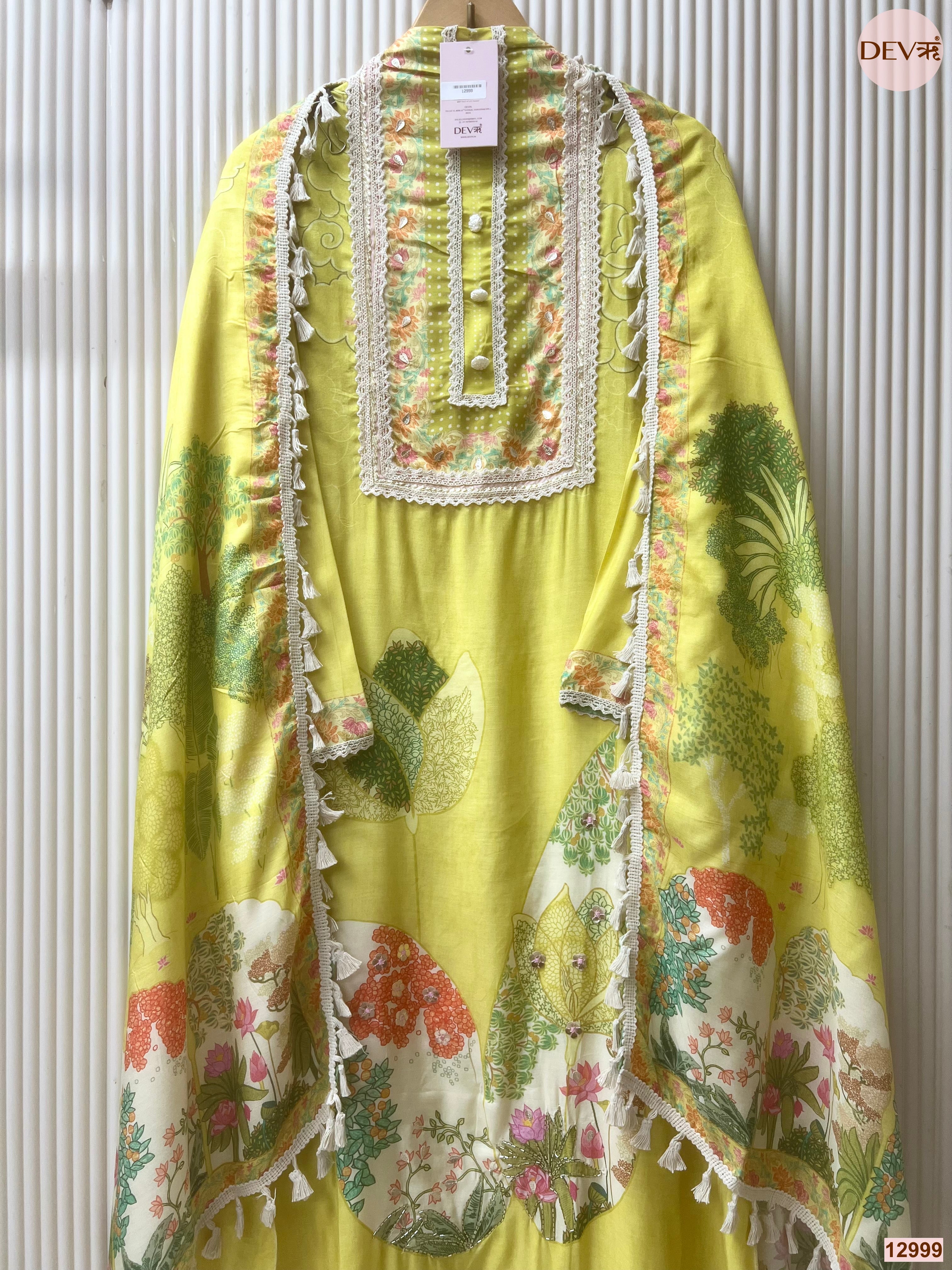 Yellow Muslin Printed Unstitched 3-Piece Suit (Devri – D.No 12999)