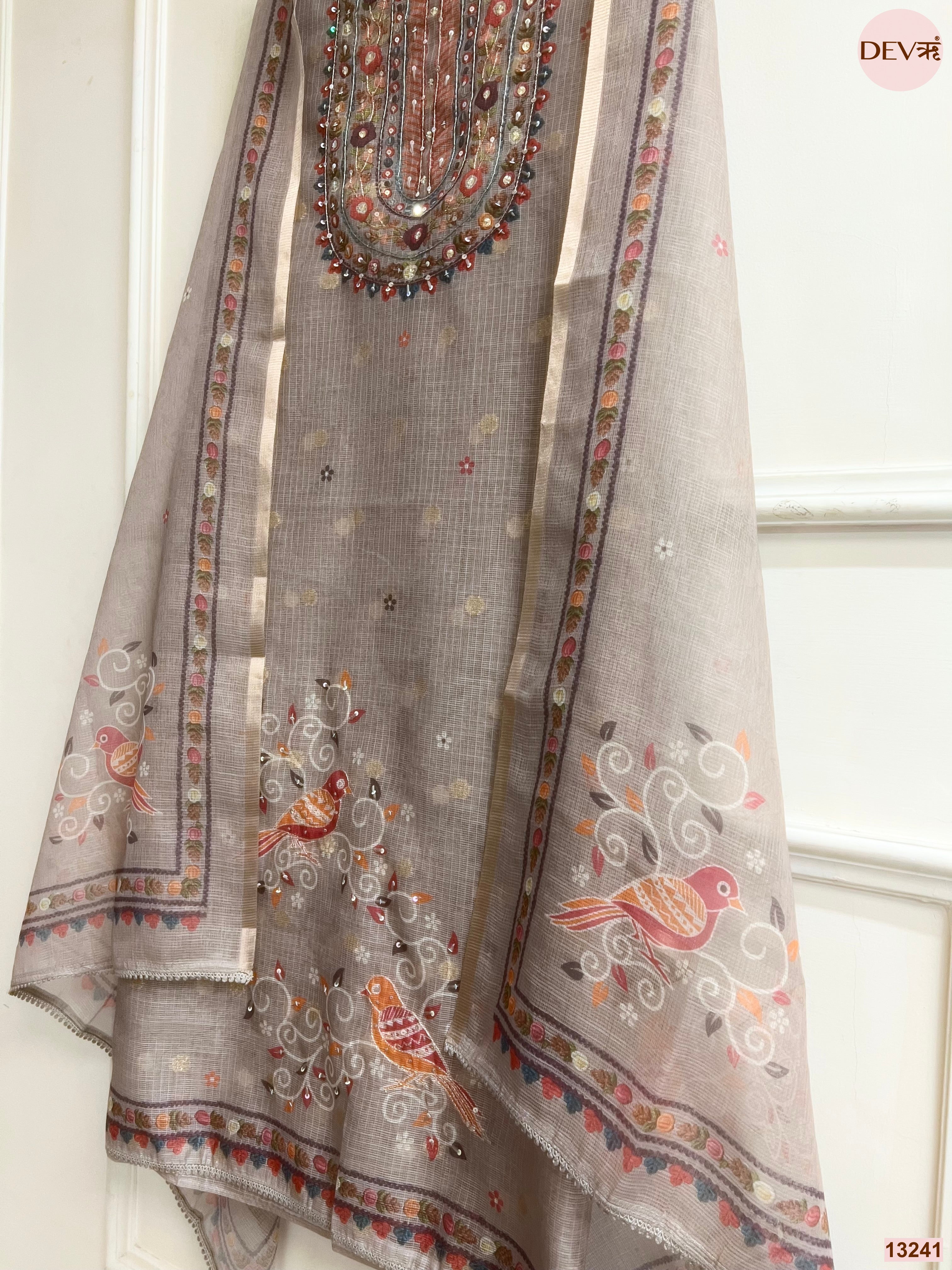 Taupe Kota Printed Unstitched 3-Piece Suit (Devri – D.No 13241)