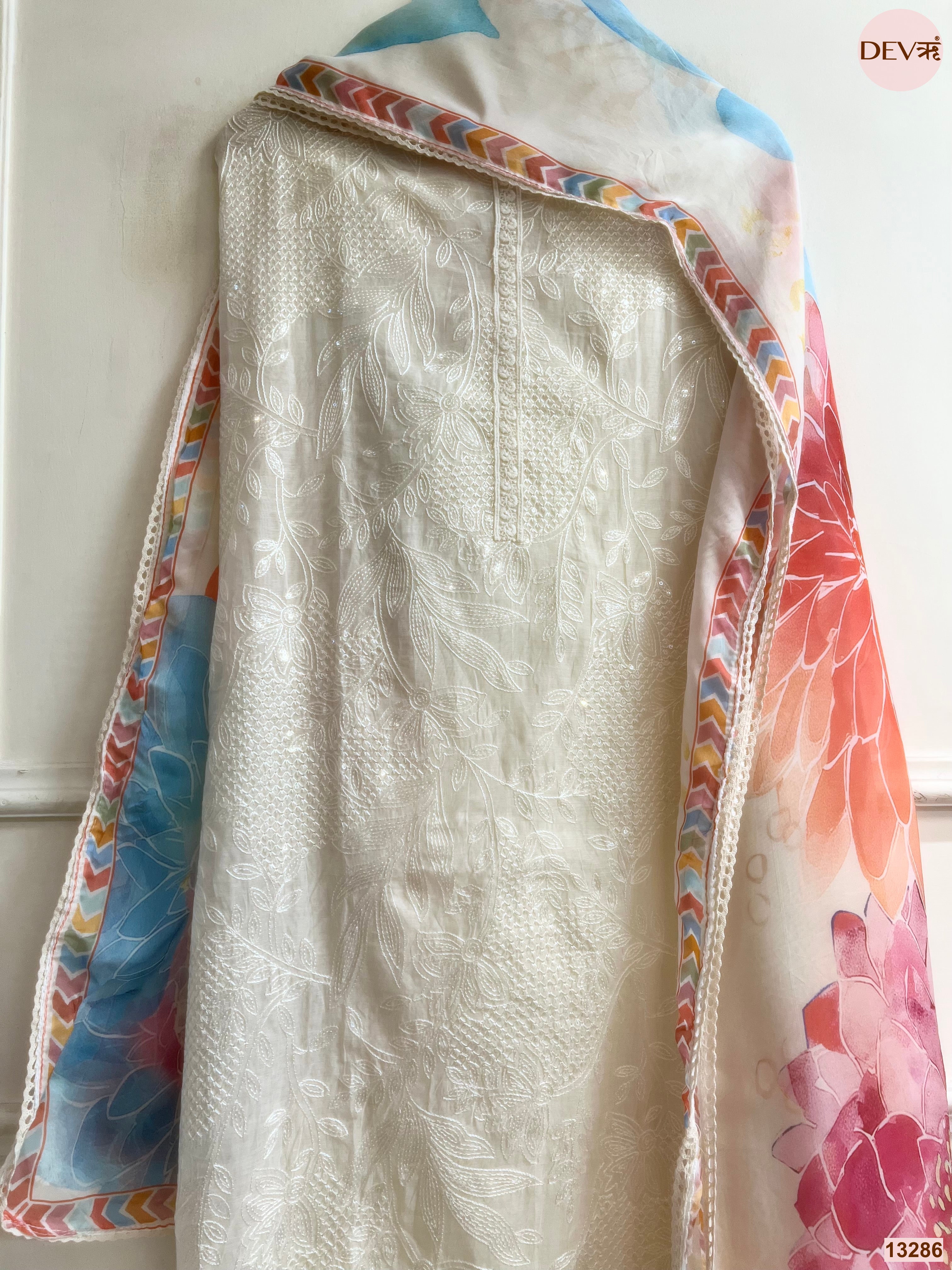 Cream Mul Cotton Embroidered Unstitched 3-Piece Suit (Devri – D.No 13286)