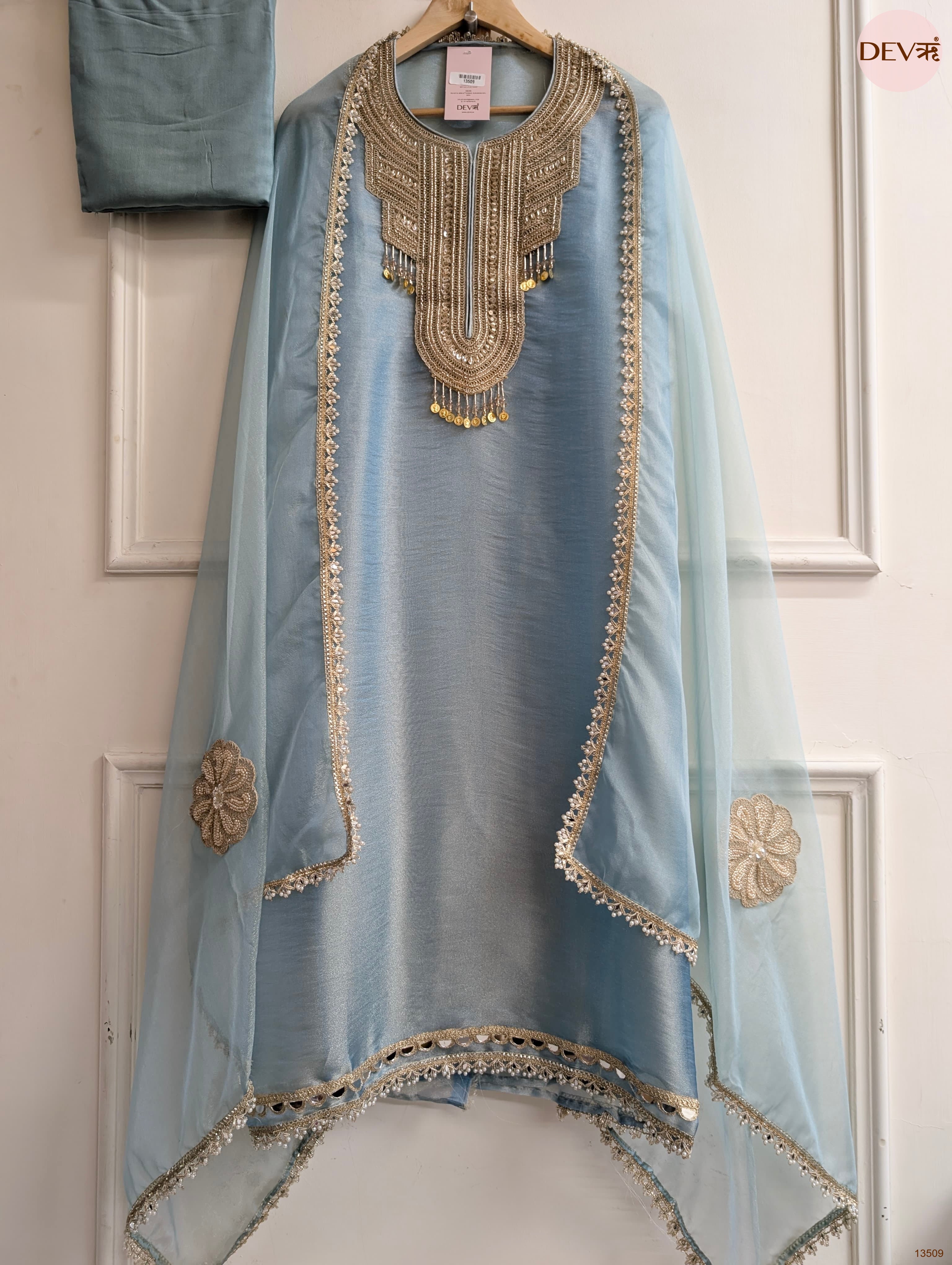 Blue Tissue Silk Embroidered Unstitched 3-Piece Suit (Devri – D.No 13509)