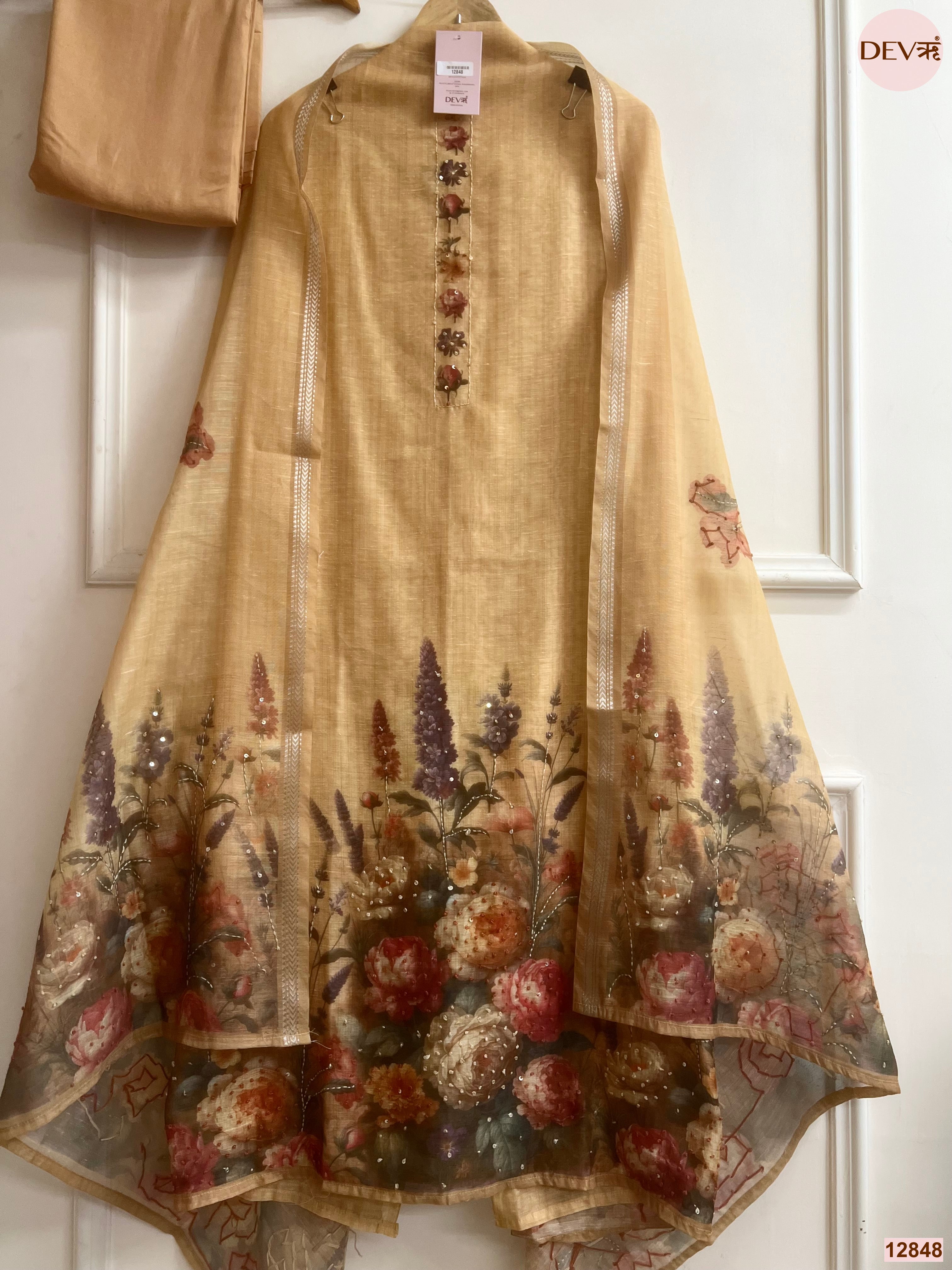 Beige Mul Chanderi Printed Unstitched 3-Piece Suit (Devri – D.No 12848)