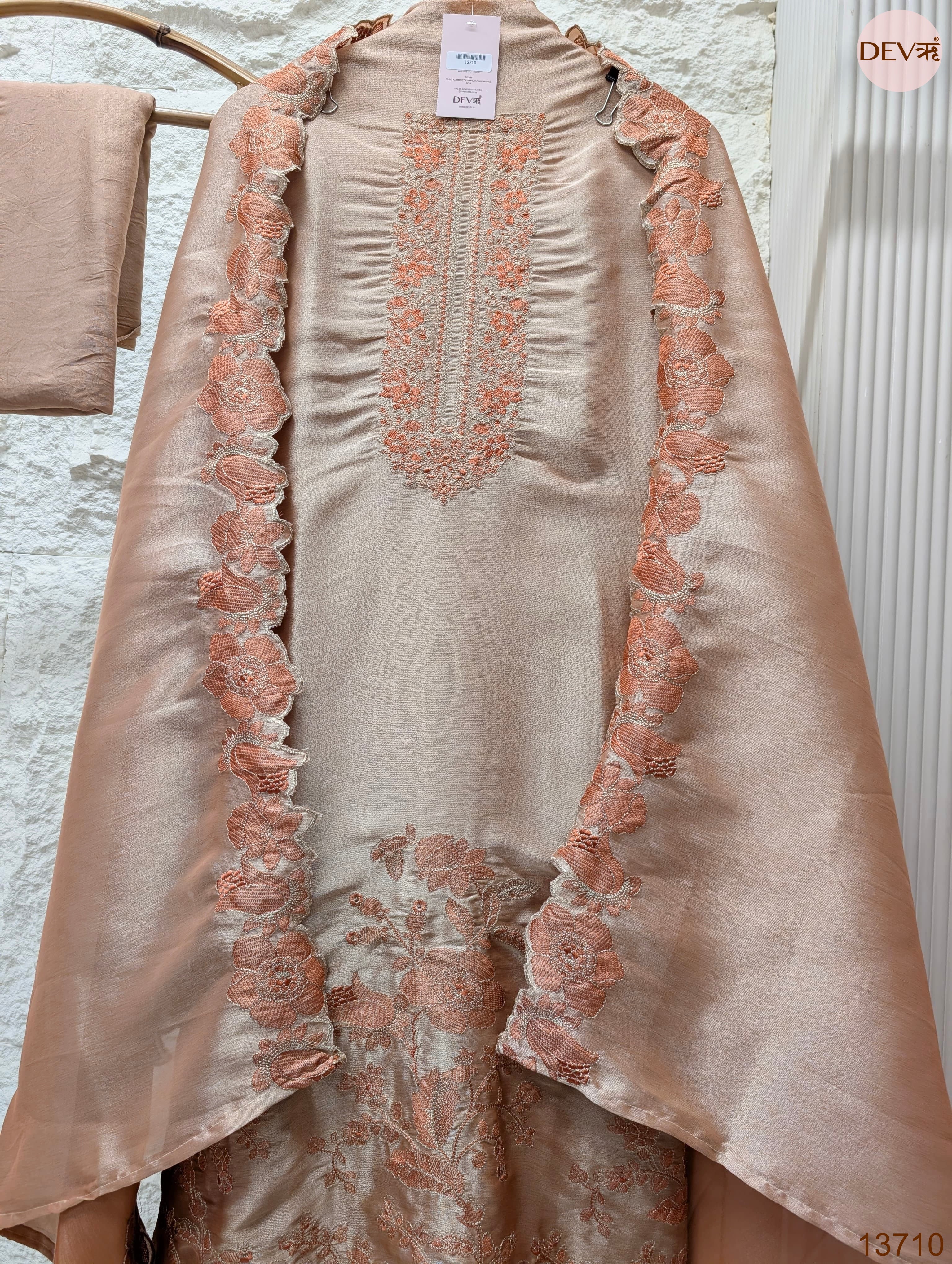 Peach Silk Blend Embroidered Unstitched 3-Piece Suit (Devri – D.No 13710)