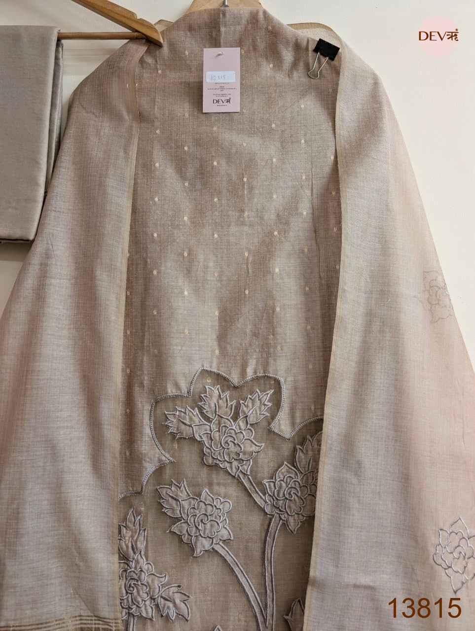 Taupe Mul Chanderi Embroidered Unstitched 3-Piece Suit (Devri – D.No 13815)