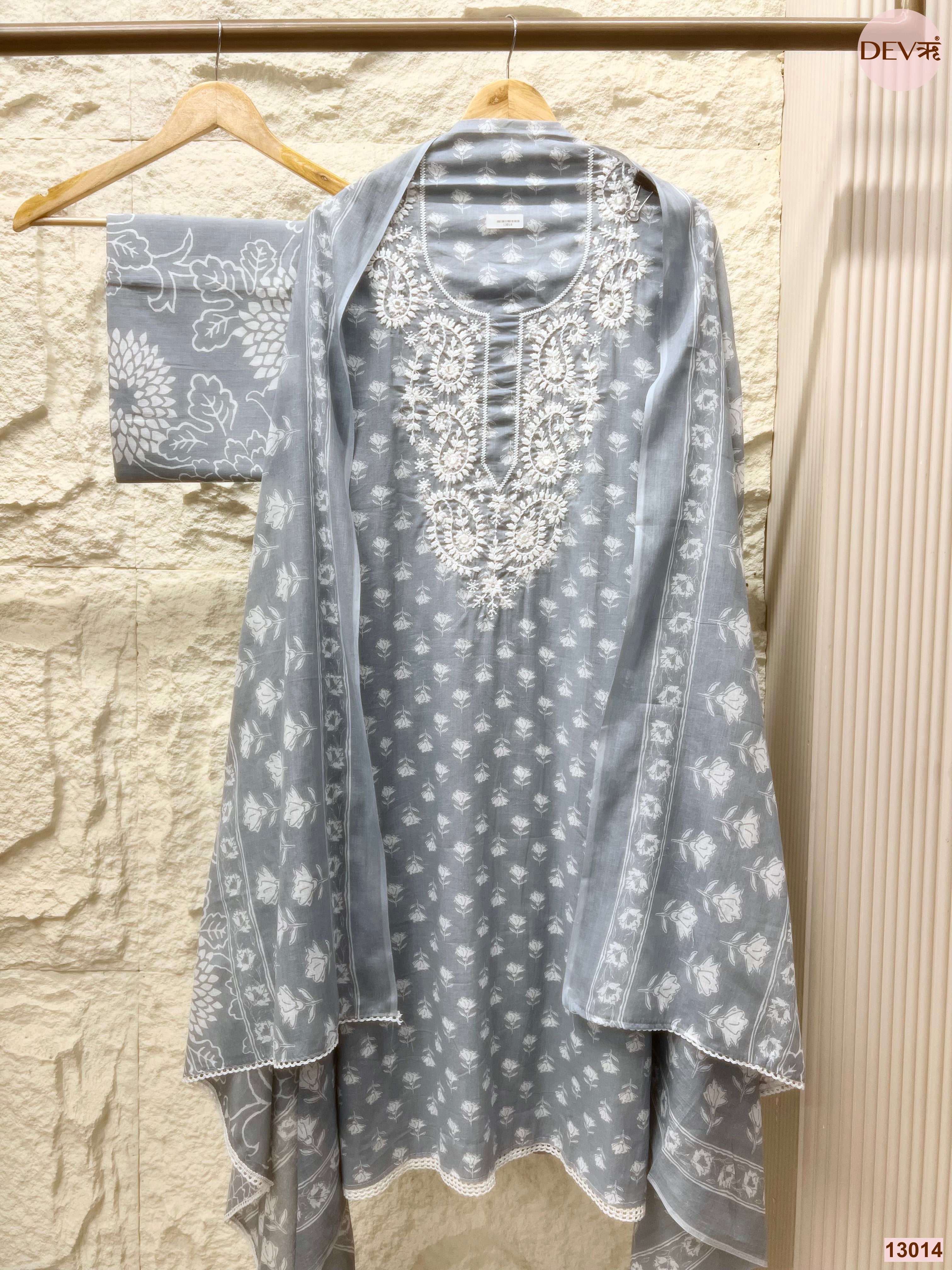Grey Cotton Embroidered Unstitched 3-Piece Suit (Devri – D.No 13014)