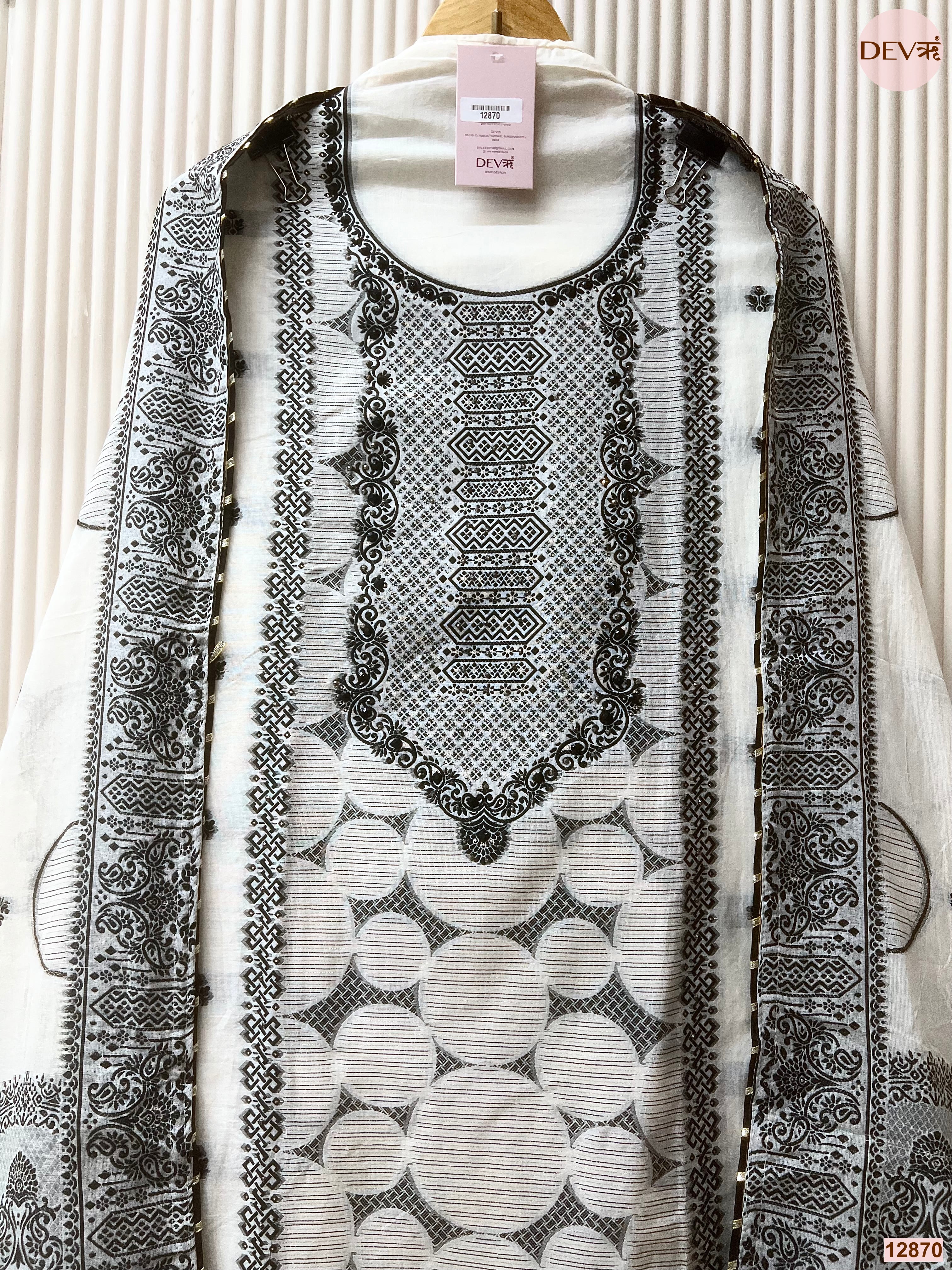 White Jamdani Cotton Printed Unstitched 3-Piece Suit (Devri – D.No 12870)