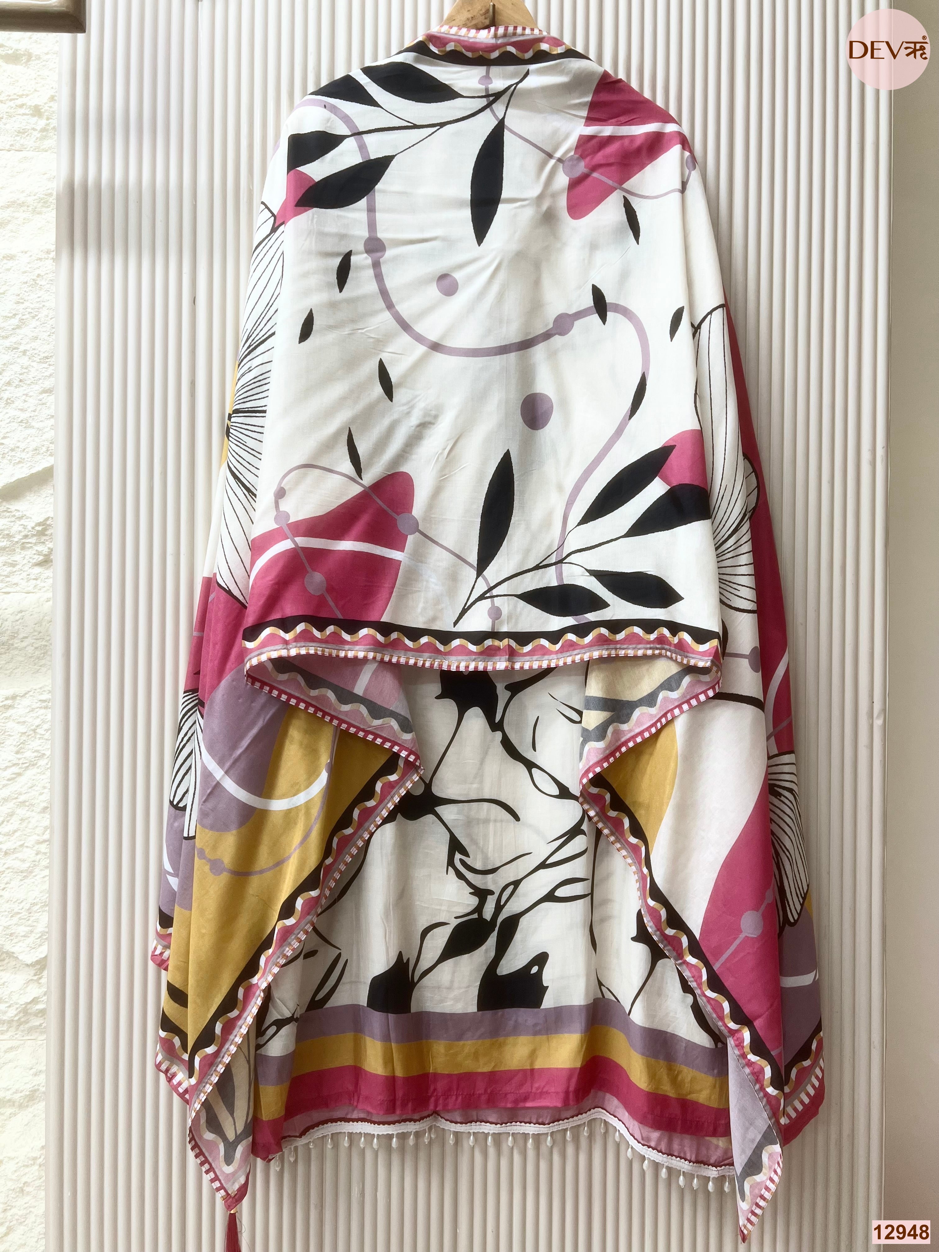 Cream Muslin Printed Unstitched 3-Piece Suit (Devri – D.No 12948)