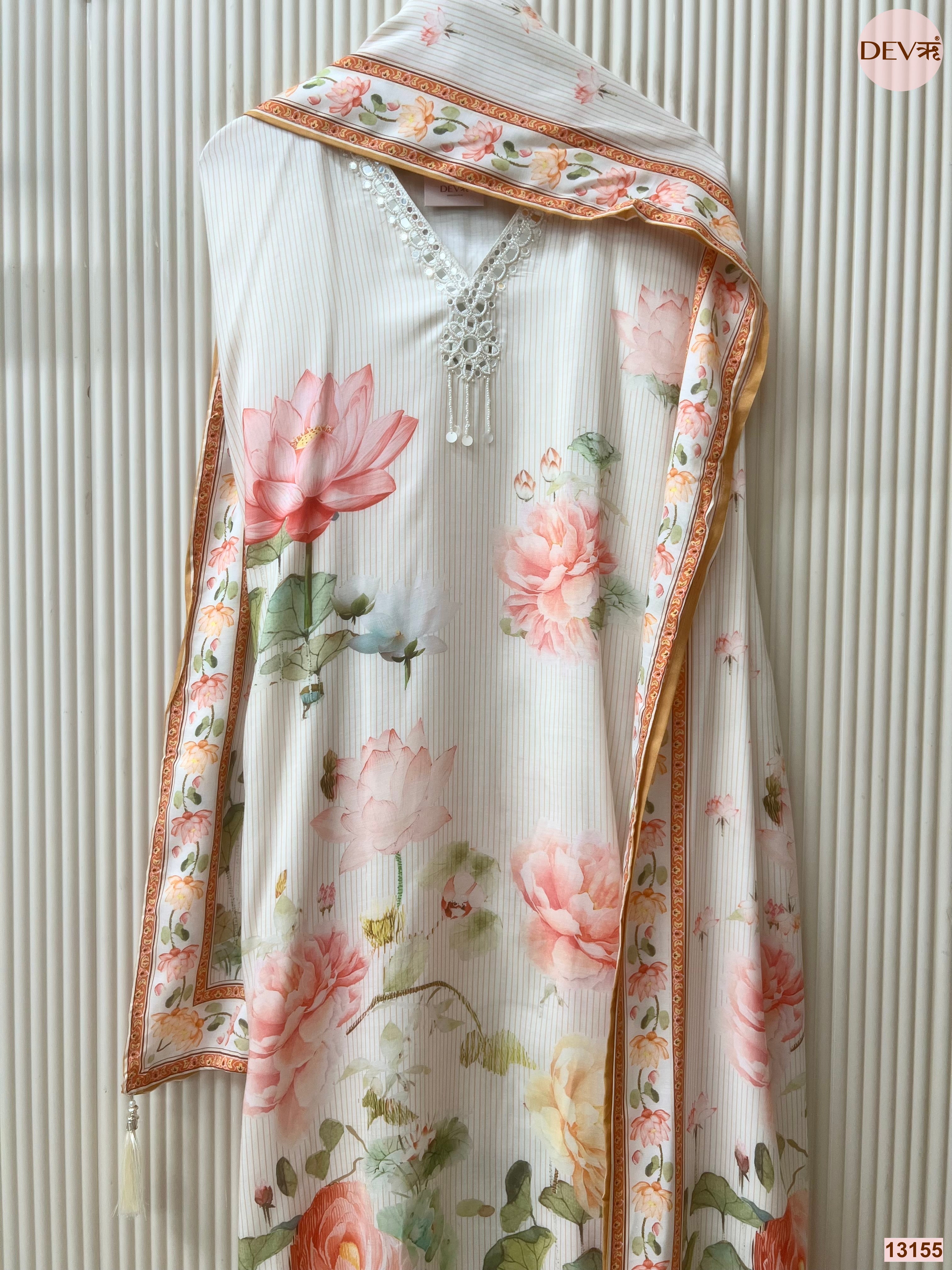 Cream Muslin Printed Unstitched 3-Piece Suit (Devri – D.No 13155)