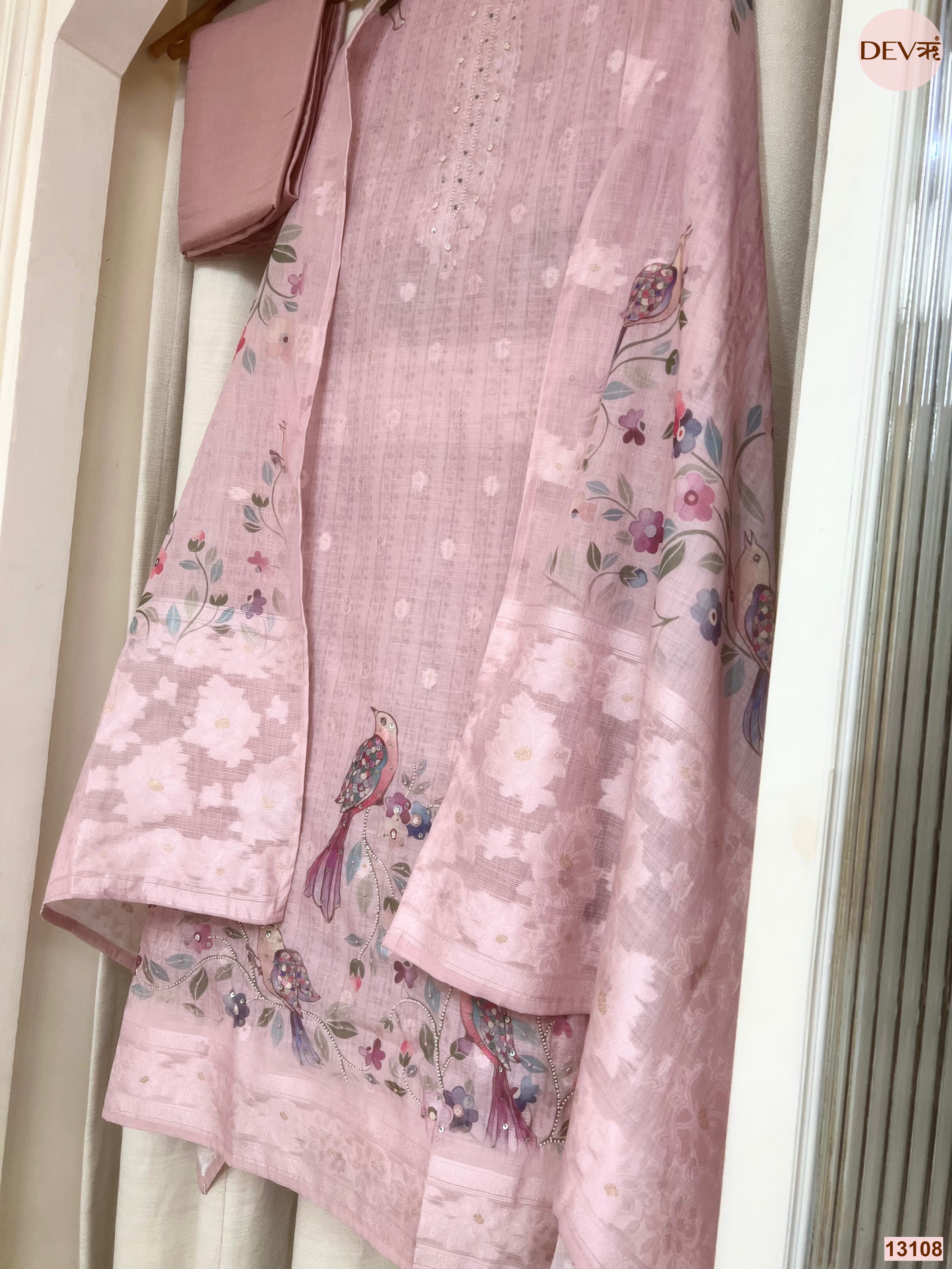 Pink Linen Cotton Printed Unstitched 3-Piece Suit (Devri – D.No 13108)