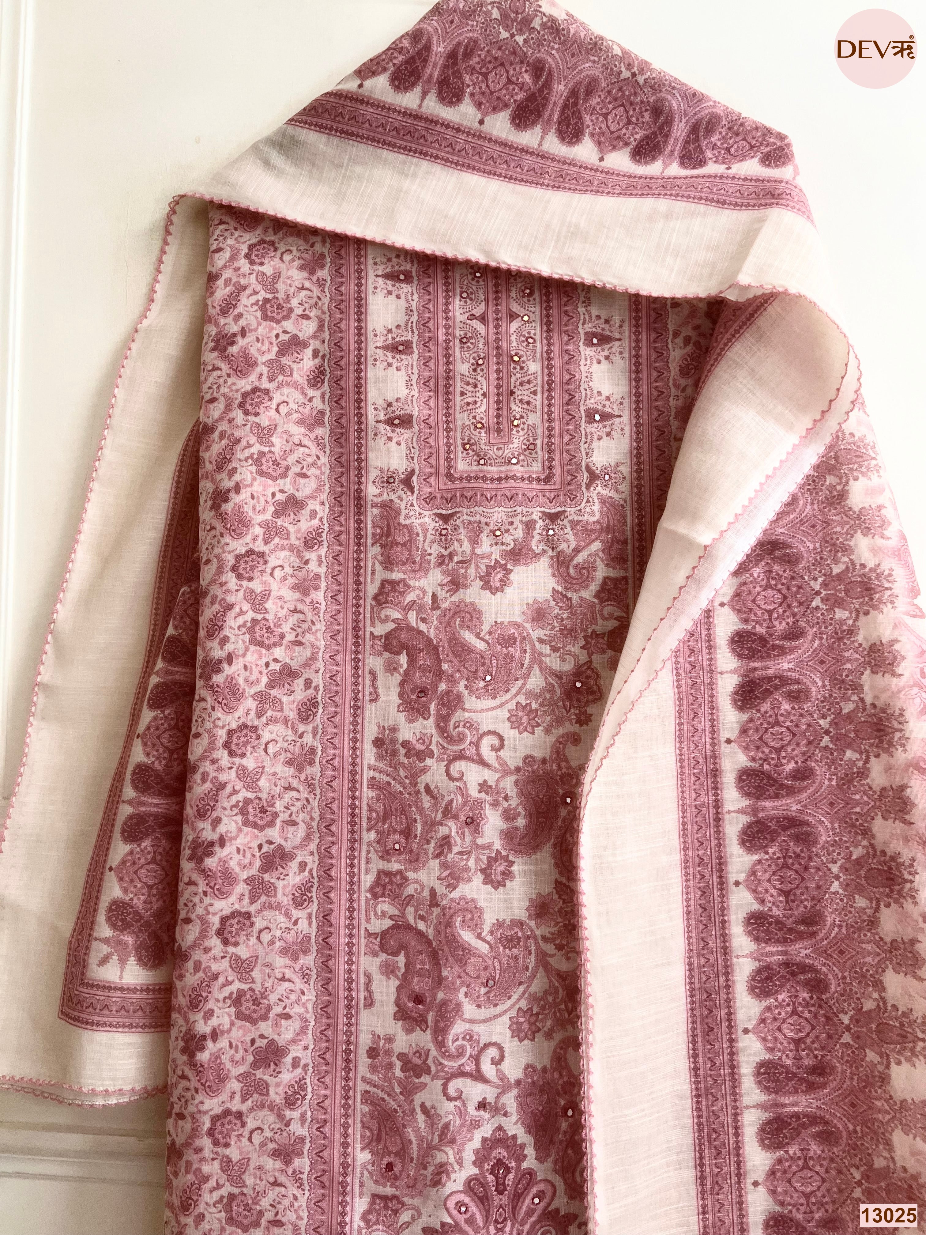 Pink Linen Printed Unstitched 3-Piece Suit (Devri – D.No 13025)